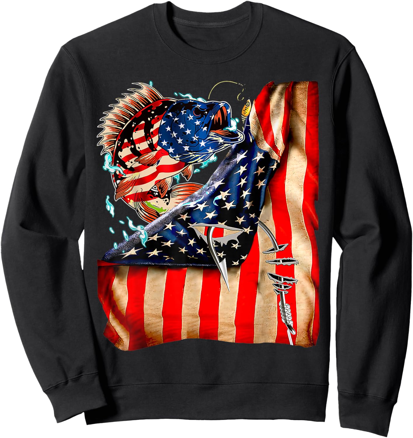 FUNNY 4th of JULY FISHING Fish American Flag ON BACK 98 Sweatshirt - Sweatshirt | Black