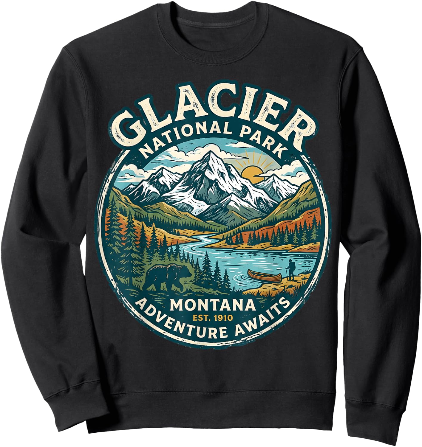 Glacier National Park Montana Retro Nature Adventure Badge Sweatshirt - Sweatshirt | Black