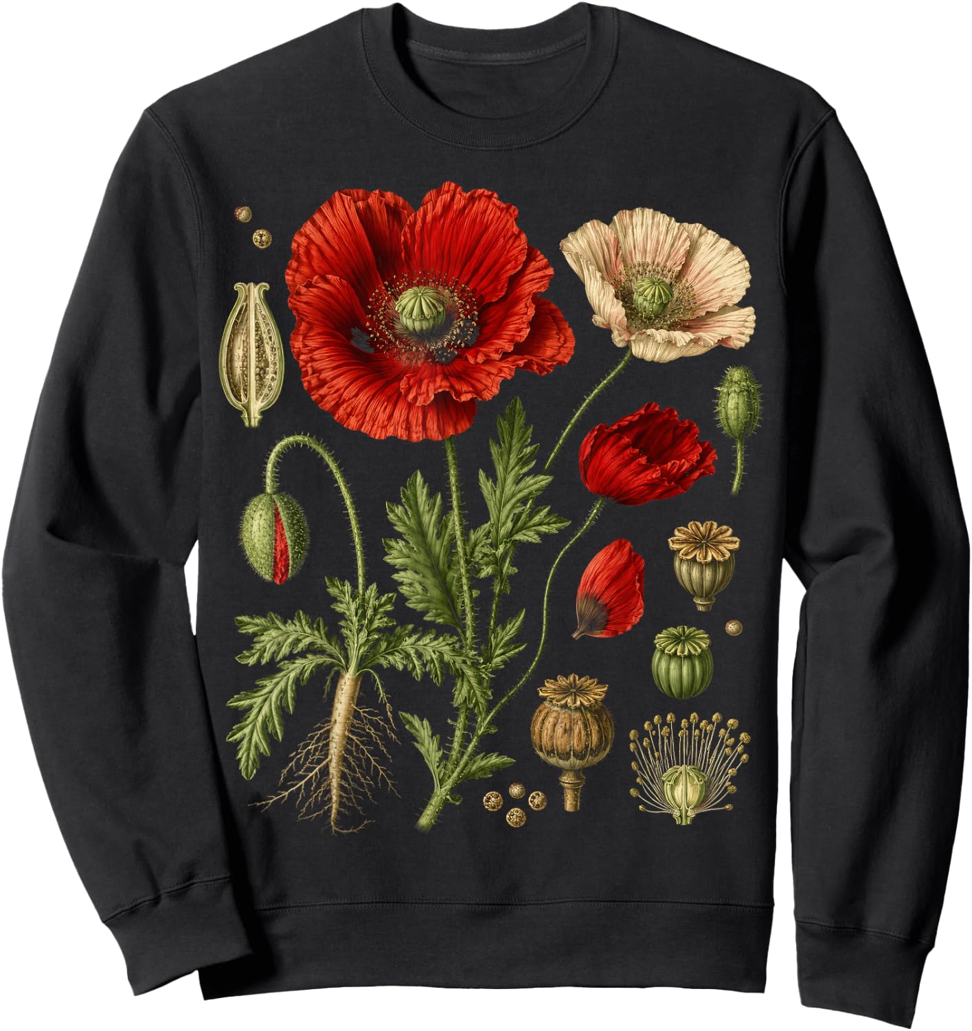 Vintage Botanical Red Poppy Flower Study Sweatshirt - Sweatshirt | Black