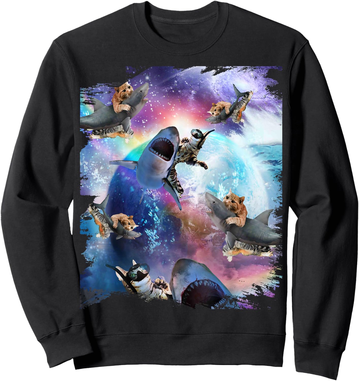 Space Cat Riding Shark Galaxy Rainbow Cats on Sharks Women Kids Sweatshirt - Sweatshirt | Black