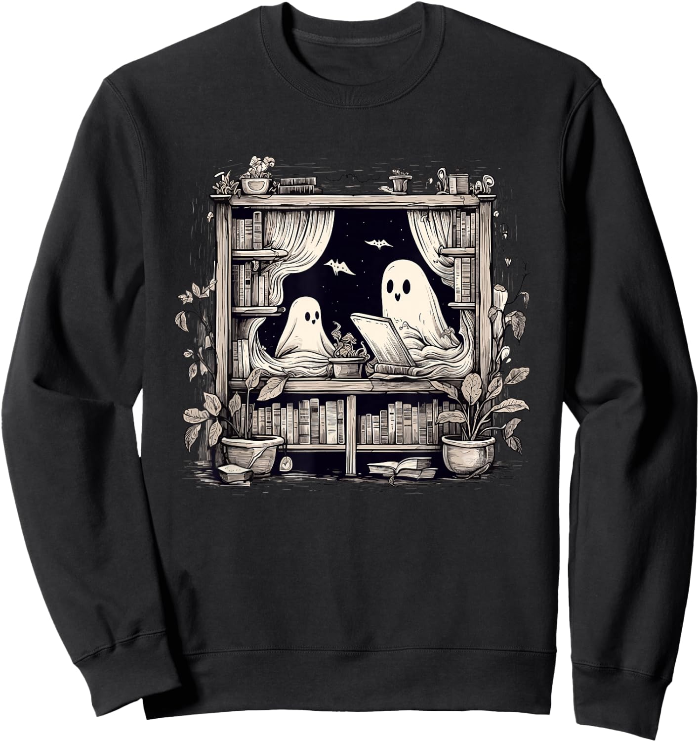 Spooky Ghosts Reading Books Library Bookworm Retro Bookish Sweatshirt - Sweatshirt | Black
