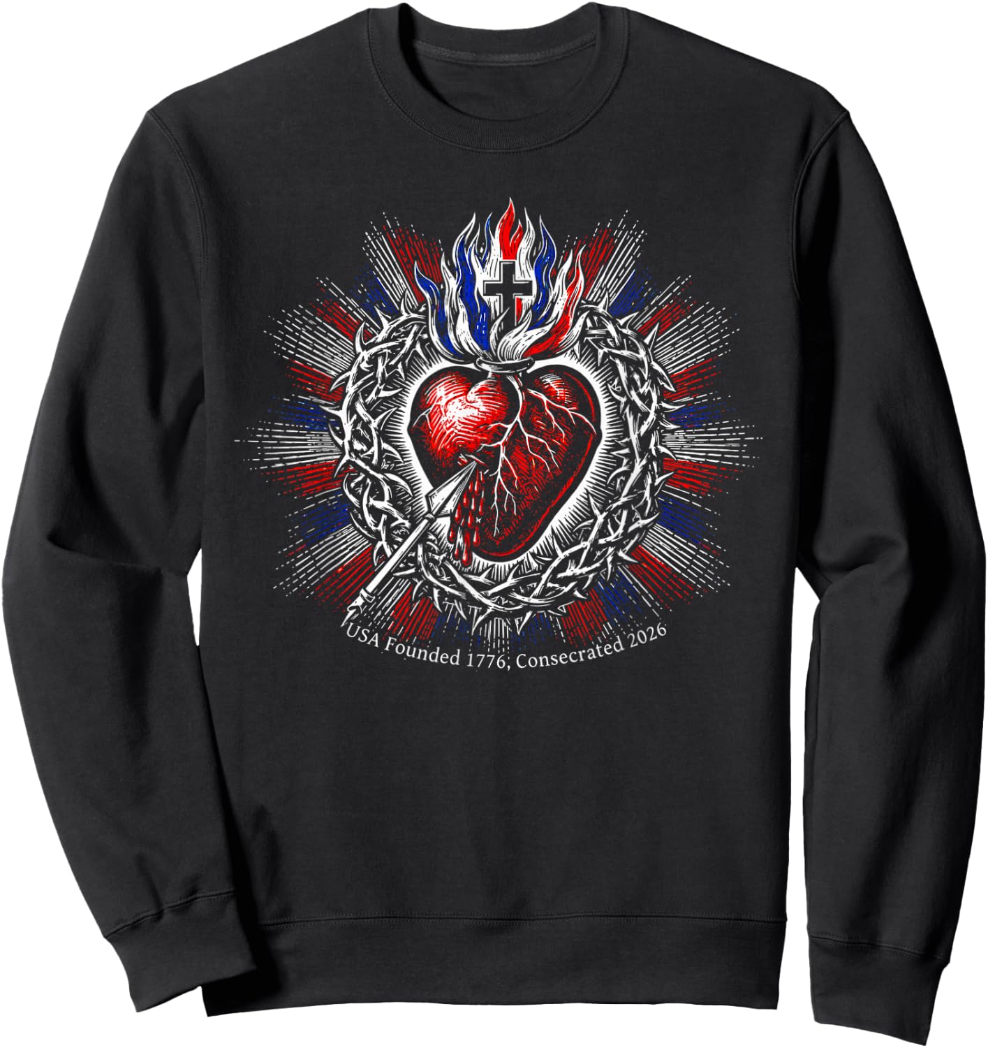 USA Founded 1776 Consecrated 2026 Holy Heart Catholic Art Sweatshirt - Sweatshirt | Black