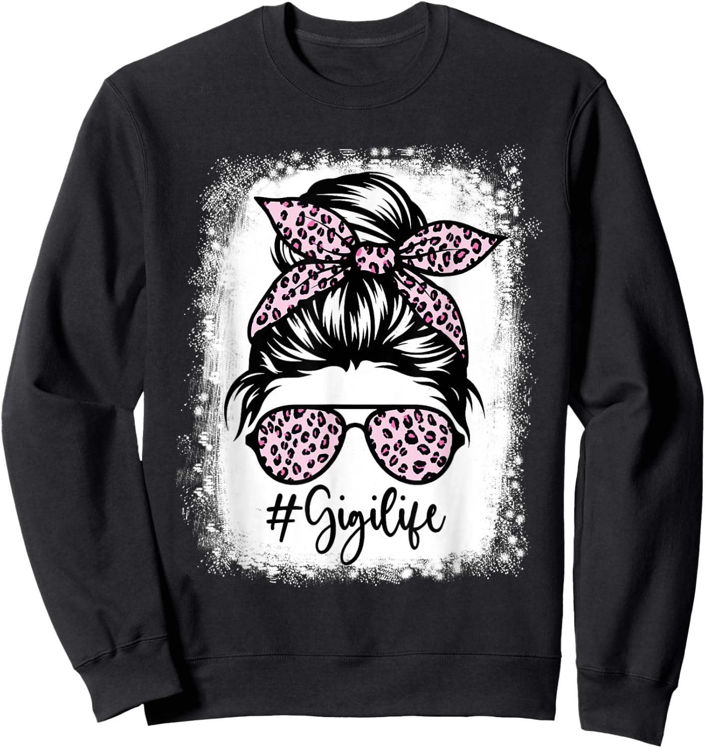 Bleached Gigi Life Messy Bun Leopard Print Mothers Day Sweatshirt - Sweatshirt | Black