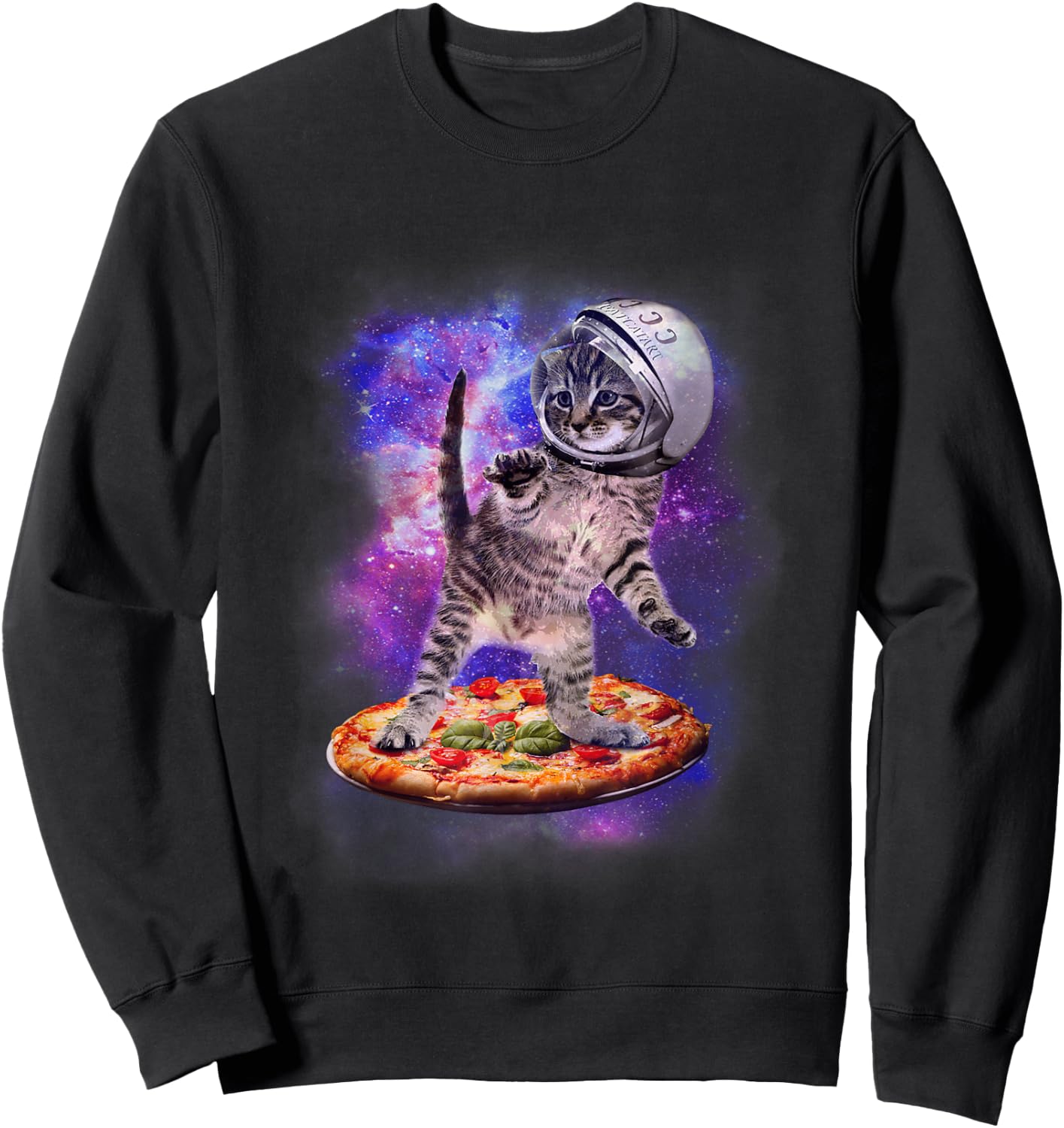 Funny Cat Flying A Pizza Astronaut Kitten Space Sweatshirt - Sweatshirt | Black