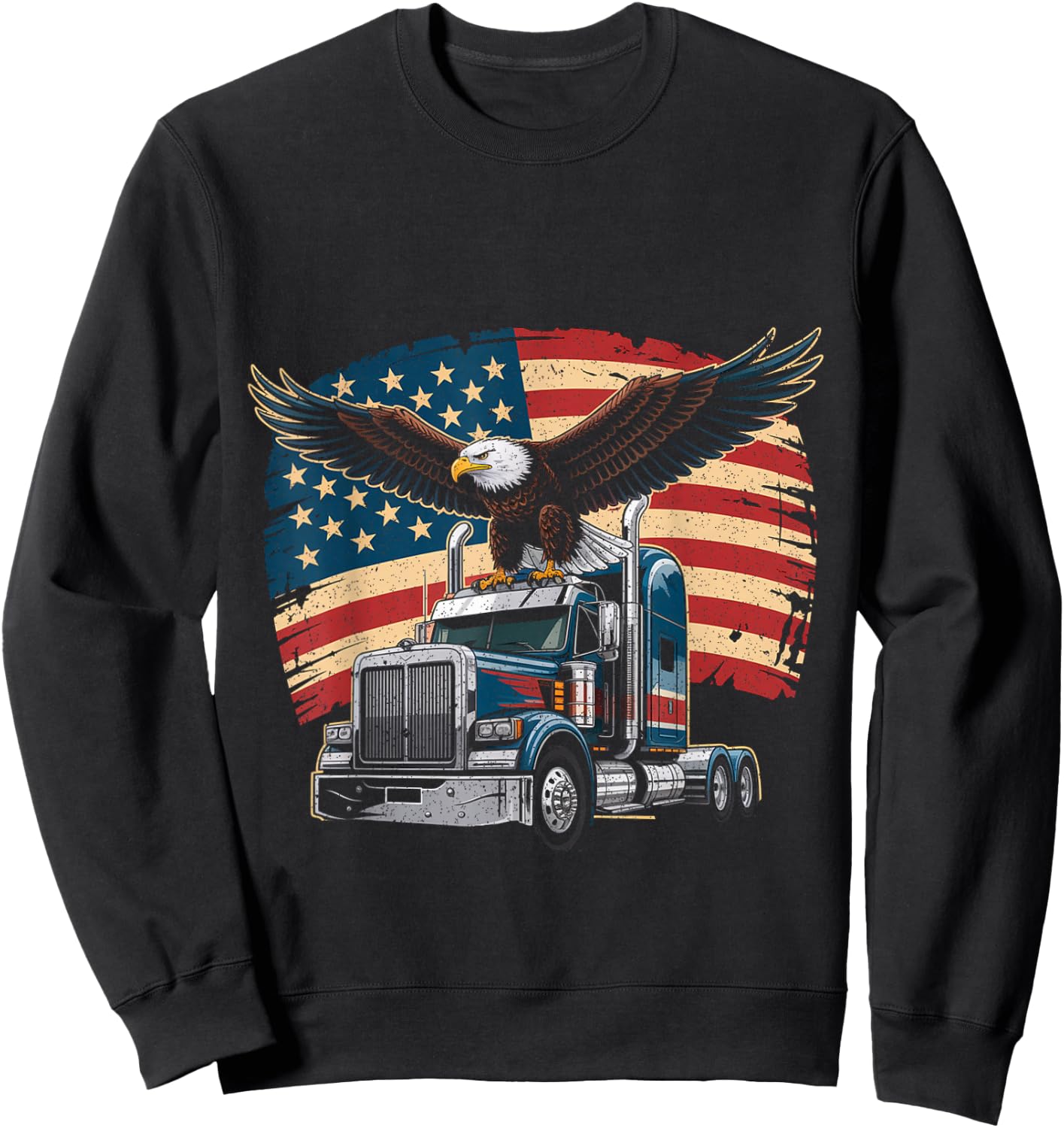 Trucker Patriotic American Flag Semi Truck Driver Eagle Sweatshirt - Sweatshirt | Black