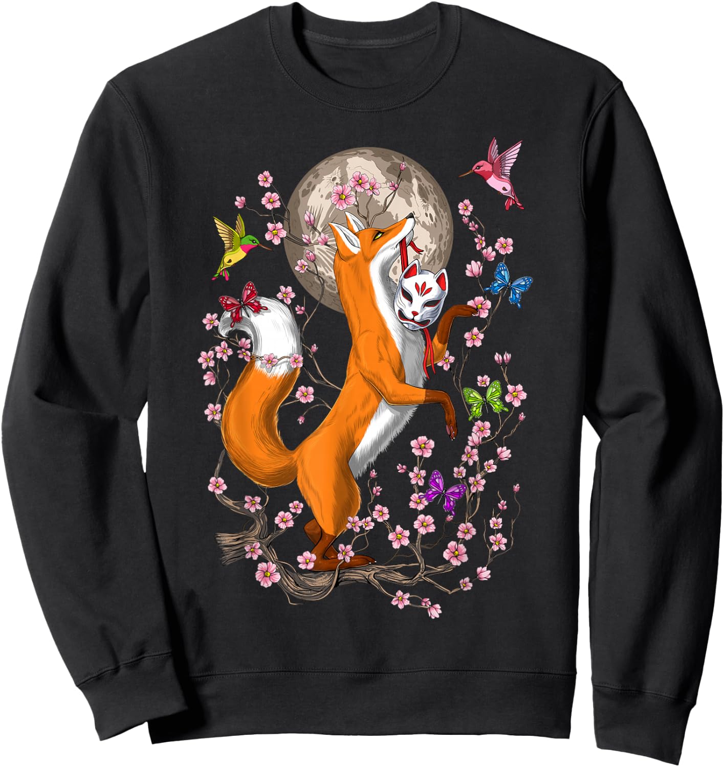 Japanese Fox Kitsune Nine Tailed Fox Cherry Blossom Small Sweatshirt - Sweatshirt | Black