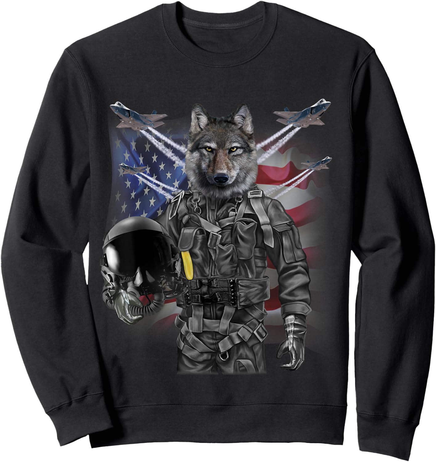 Patriotic Wolf Fighter Pilot American Flag Military Sweatshirt - Sweatshirt | Black