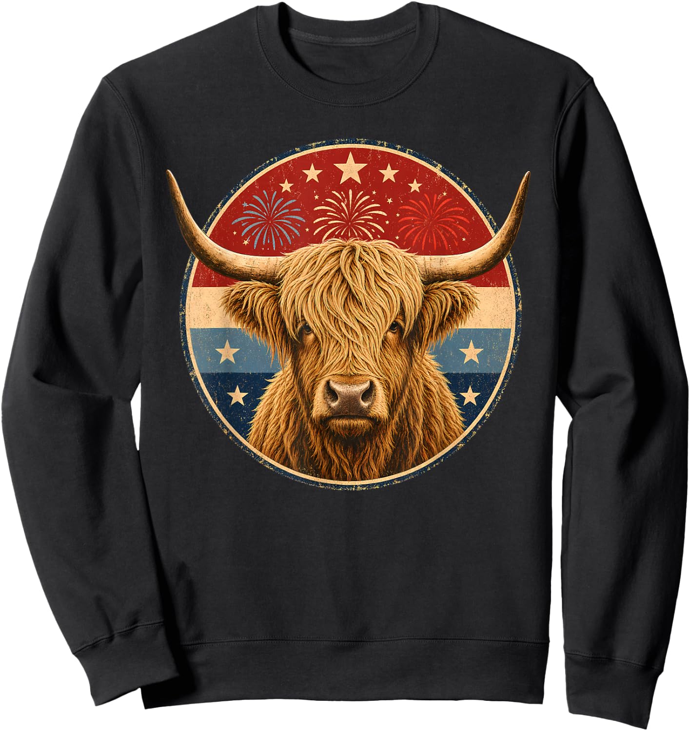 Vintage Highland Cow 4th of July USA American Flag Patriotic Sweatshirt - Sweatshirt | Black