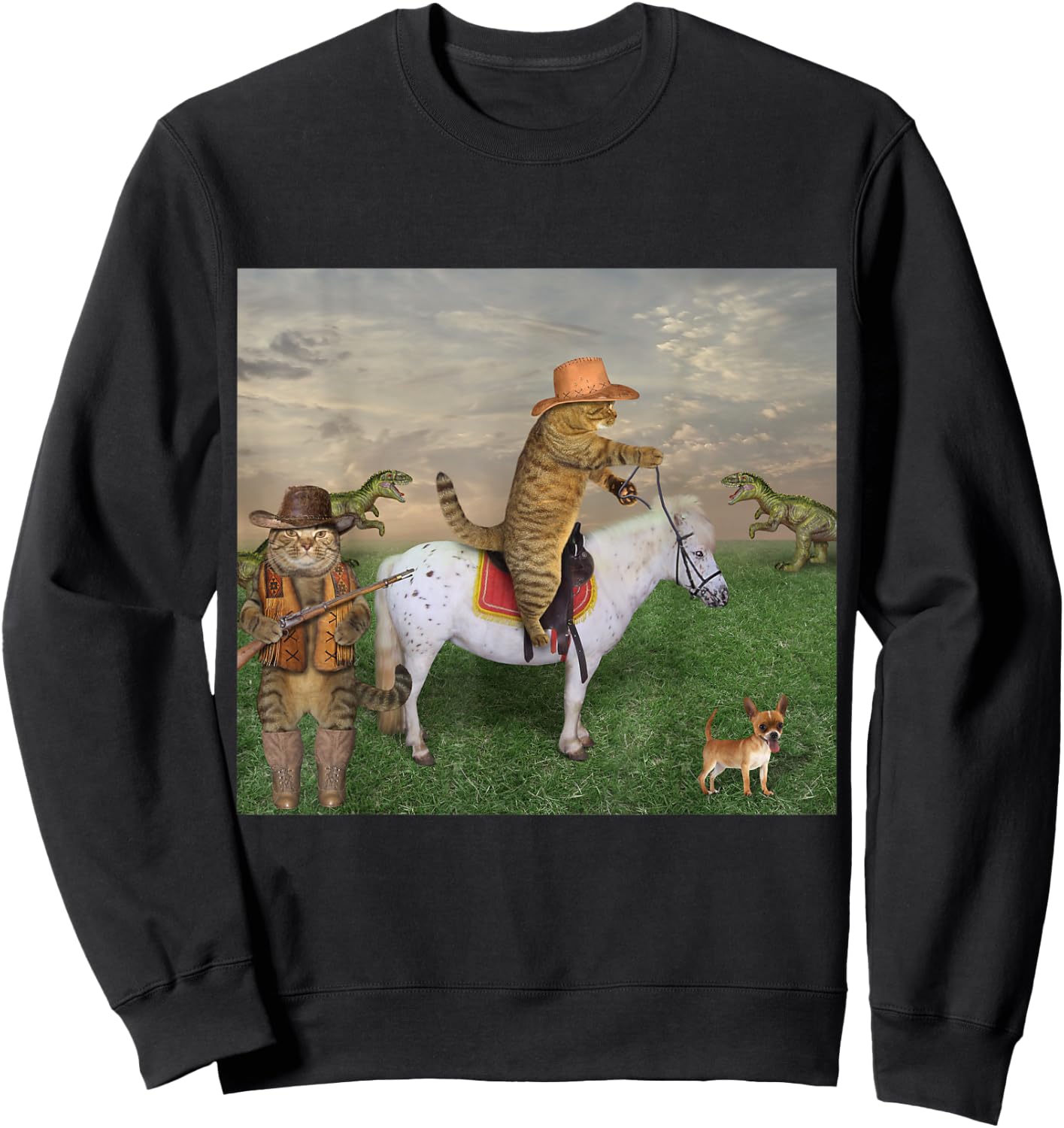 Cat on a Horse in a Cowboy Hat Dinosaurs in Background Funny Sweatshirt - Sweatshirt | Black