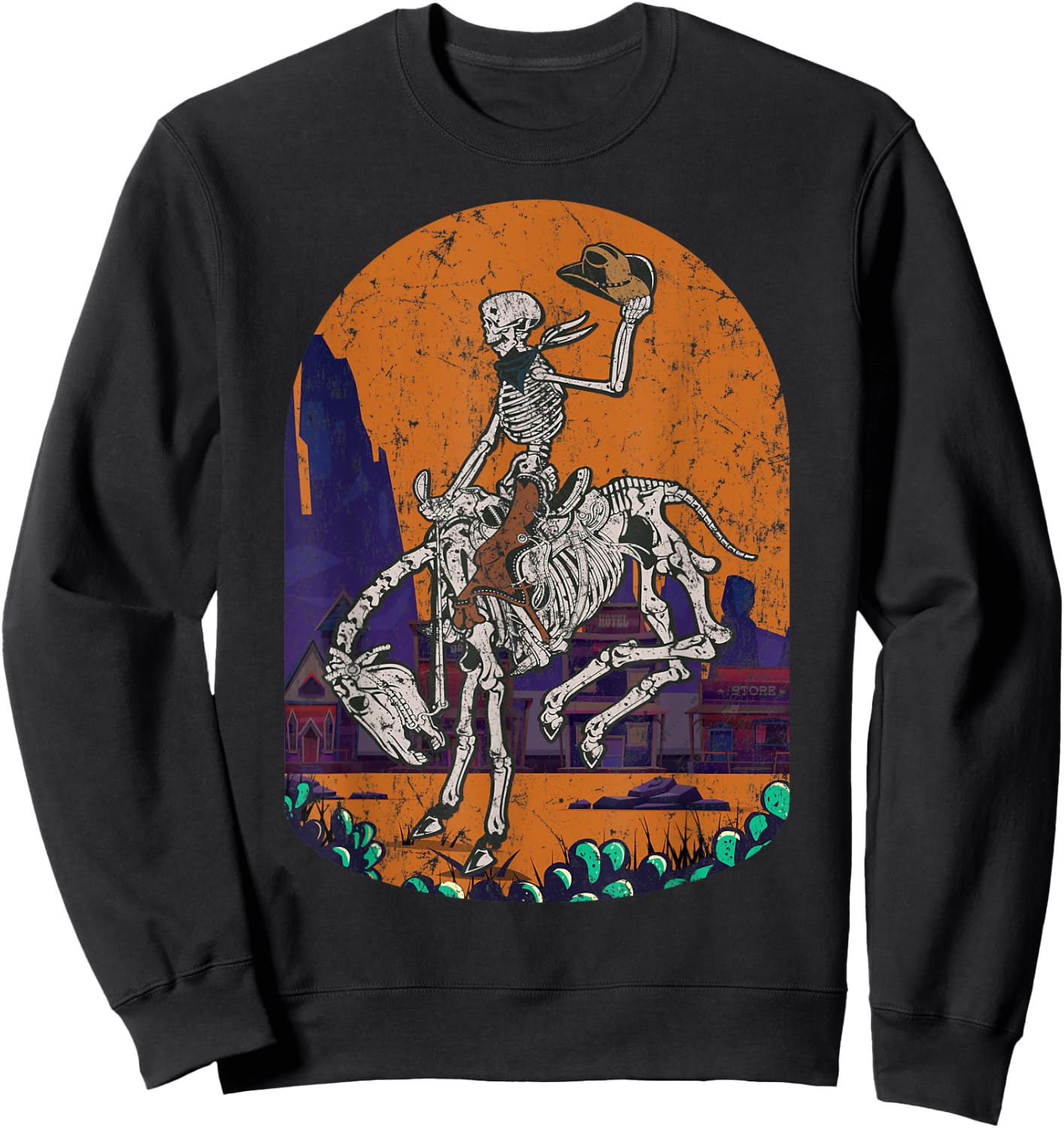 Western Country Cowgirl Cowboy Skeleton Halloween Spooky Sweatshirt - Sweatshirt | Black