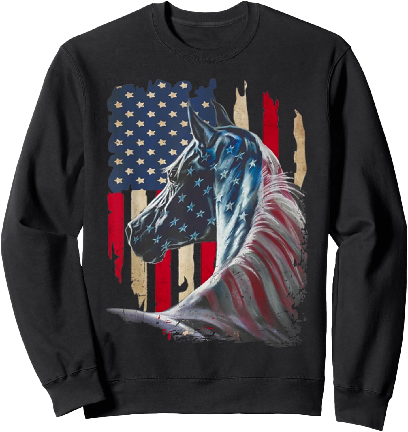 Horses America Flag 4th of July Independence day Women Men Sweatshirt - Sweatshirt | Black