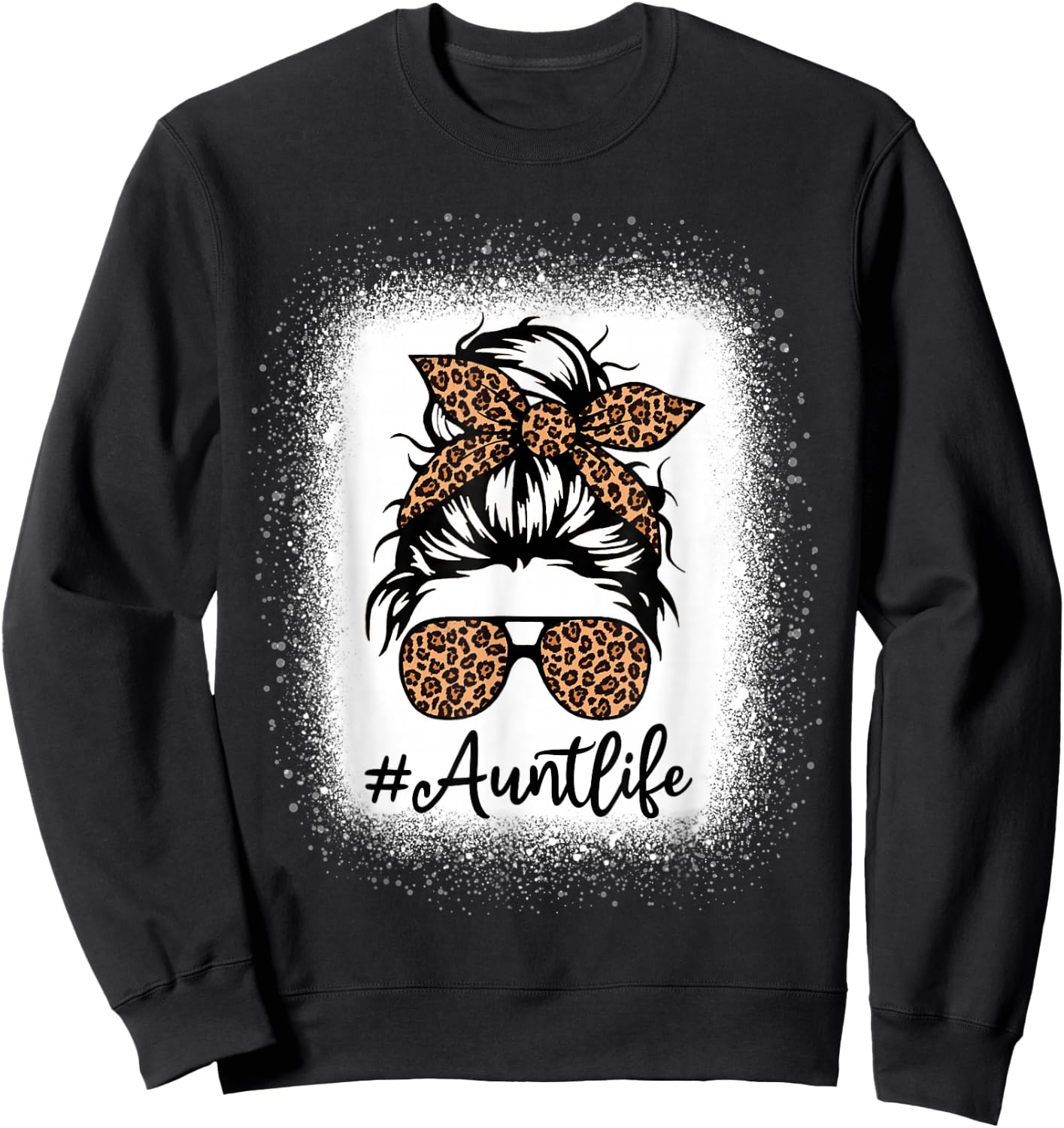 Best Aunt Life Messy Bun Leopard Bleached Auntie Mothers Day Sweatshirt - Sweatshirt | Black