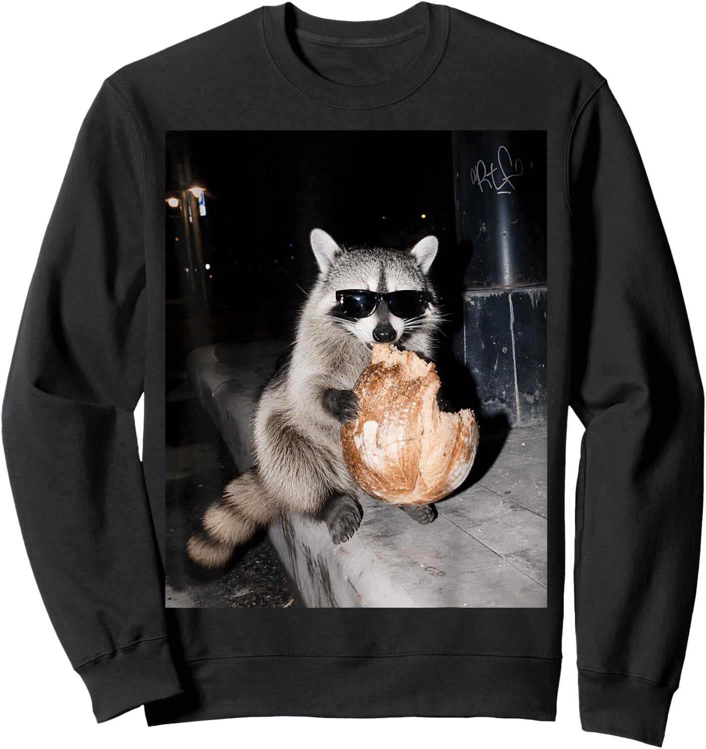 Funny Raccoon Eating Sourdough Bread On The Street Baking Sweatshirt - Sweatshirt | Black