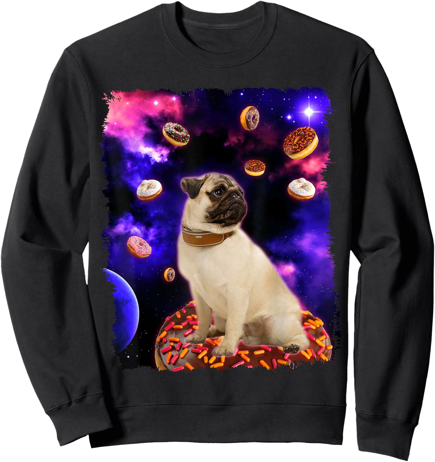Adorable Pug in Space with Doughnuts - Pug Dog Gift Men Women Girls Kids Sweatshirt - Sweatshirt | Black