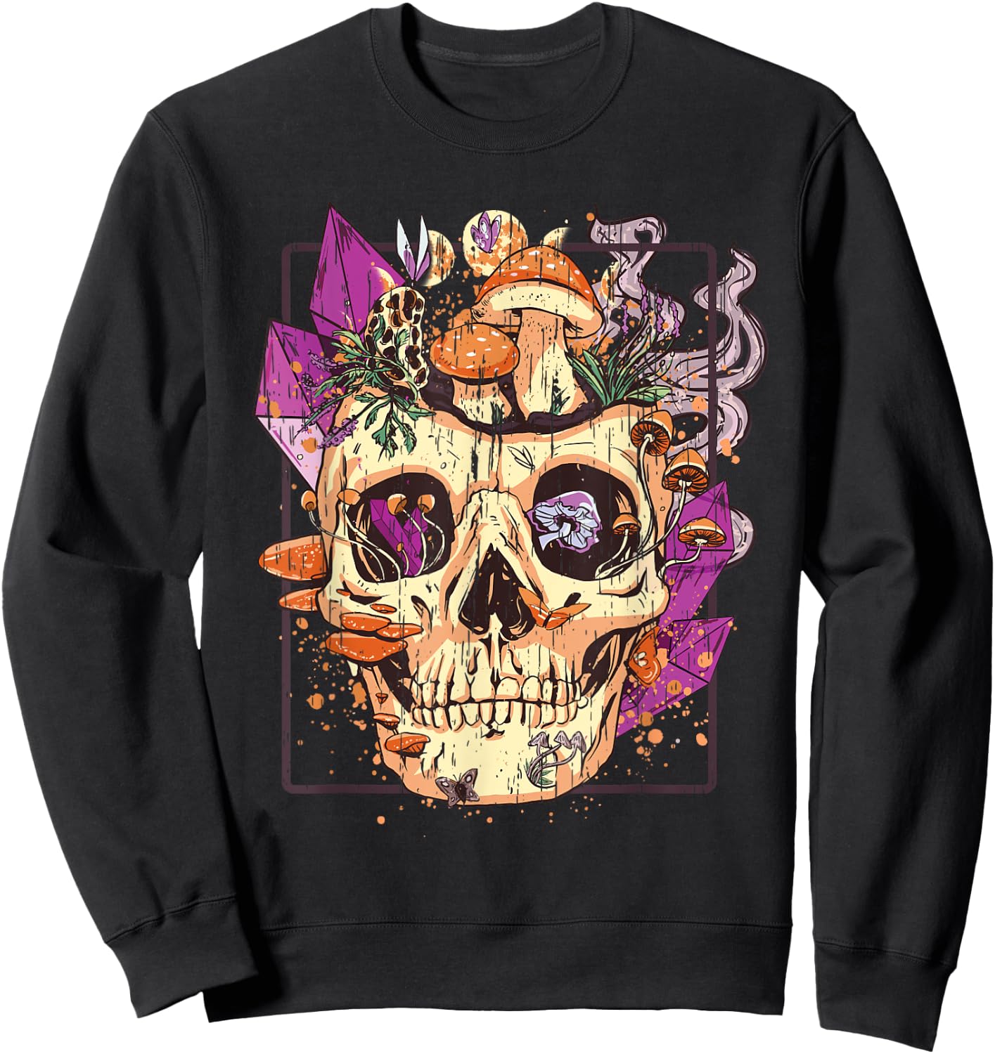 Goblincore Aesthetic. Grunge Moon Crystals Mushrooms Skull Sweatshirt - Sweatshirt | Black