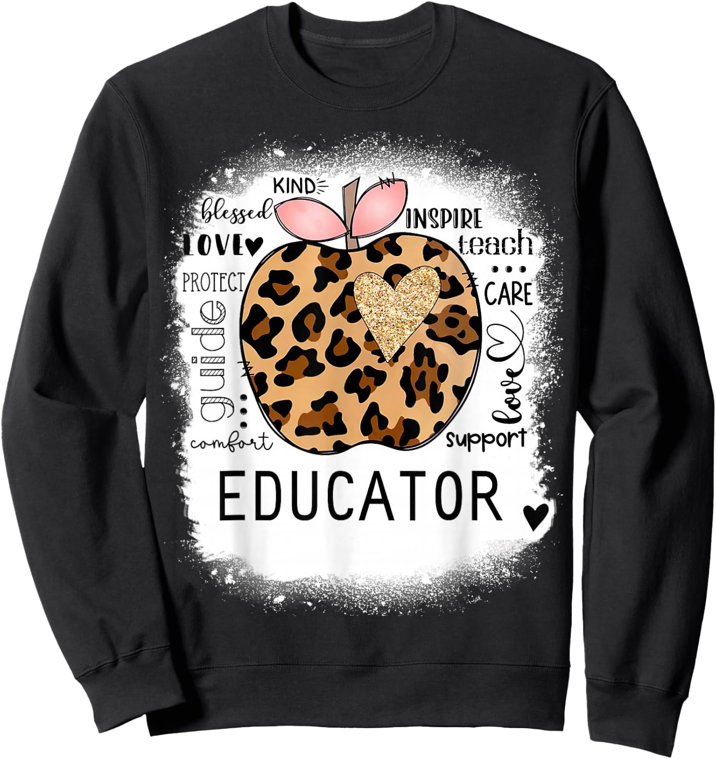 Bleached Educator, Leopard Apple, Inspire Teach, Blessed Sweatshirt - Sweatshirt | Black