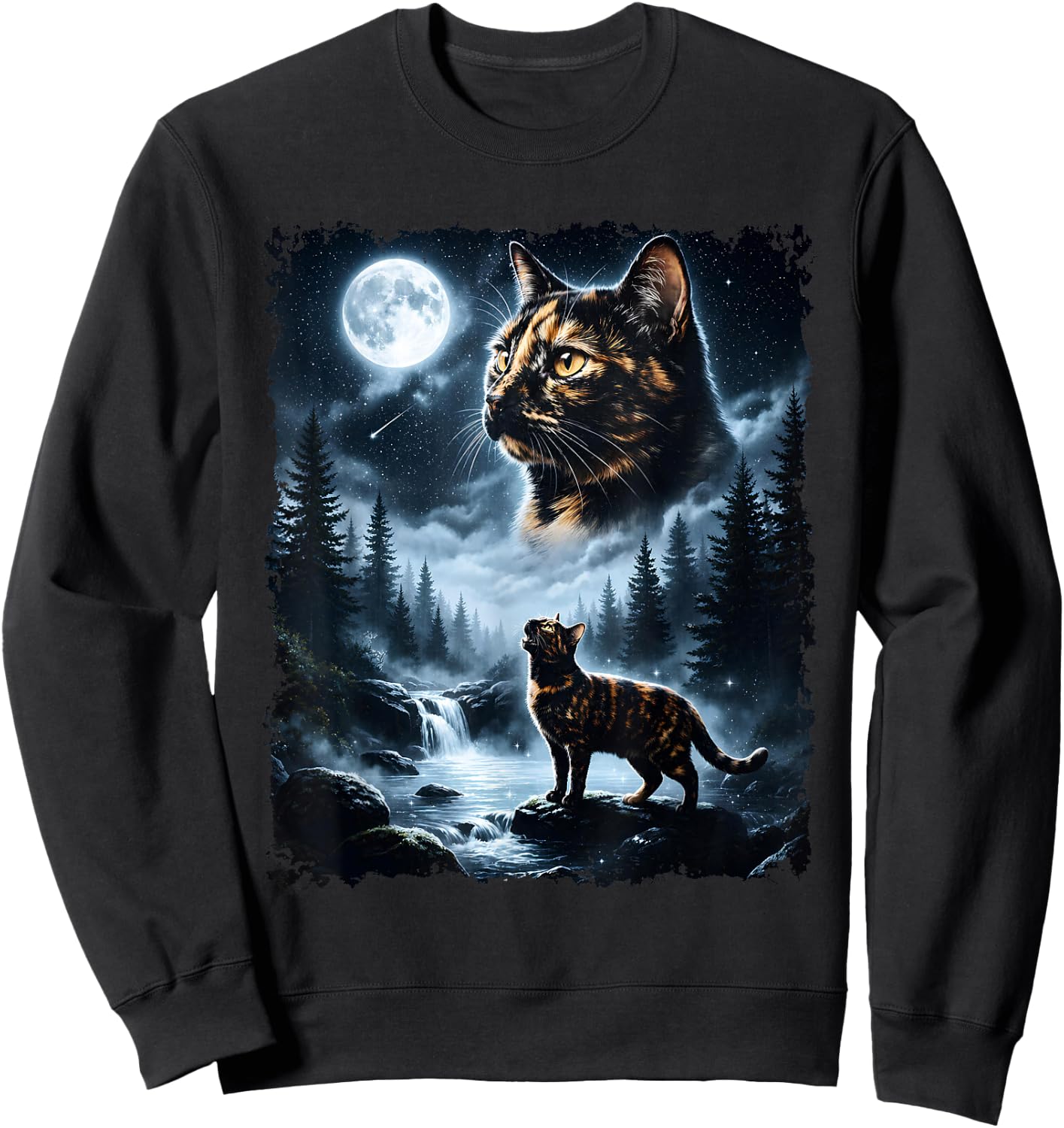 Dark Tortoiseshell Cat Howling At The Moon Halloween Cat Mom Sweatshirt - Sweatshirt | Black