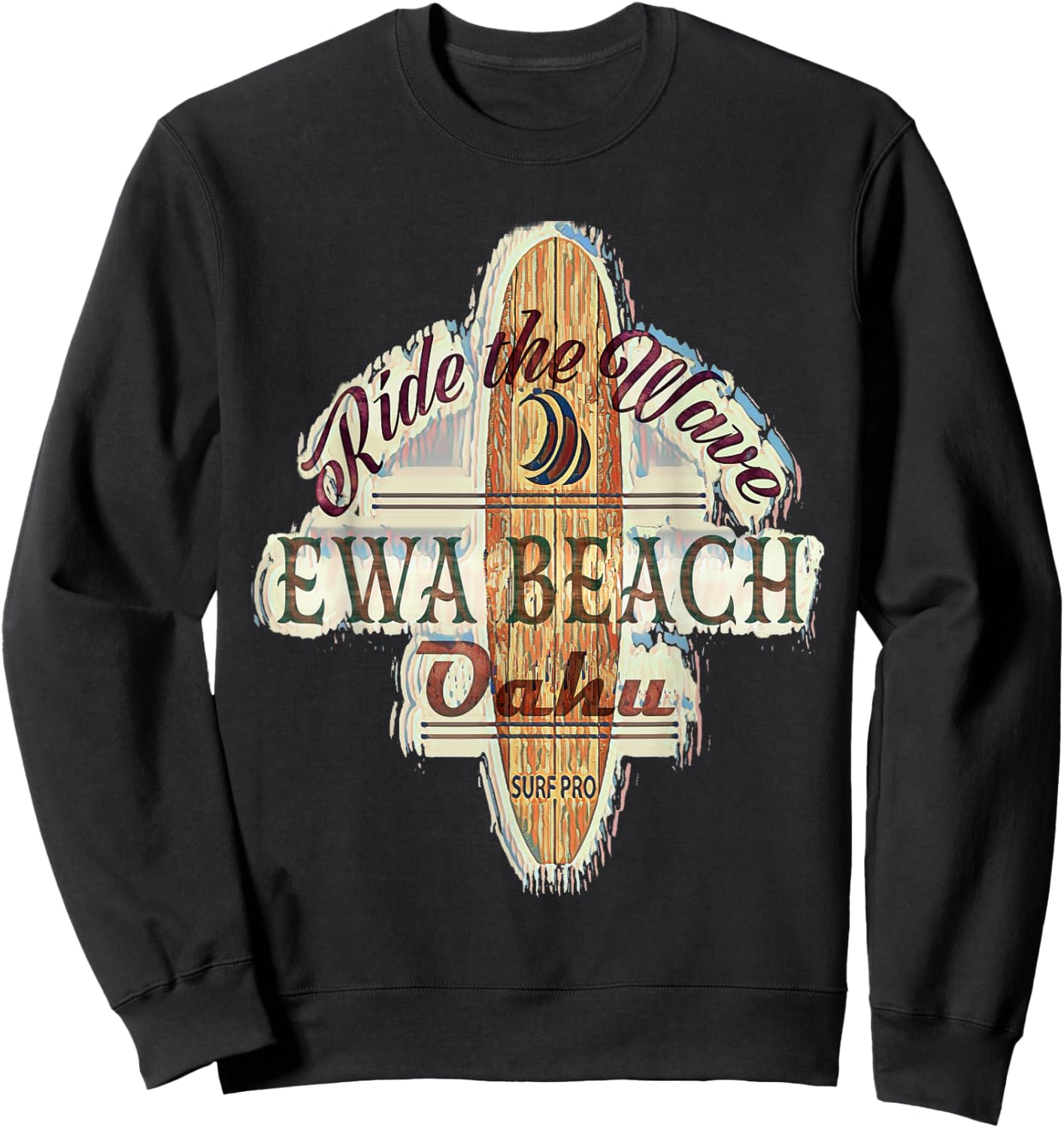 Surfing, Surfboard, Distressed Longboard Ewa Beach Oahu Women Girls Kids Sweatshirt - Sweatshirt | Black