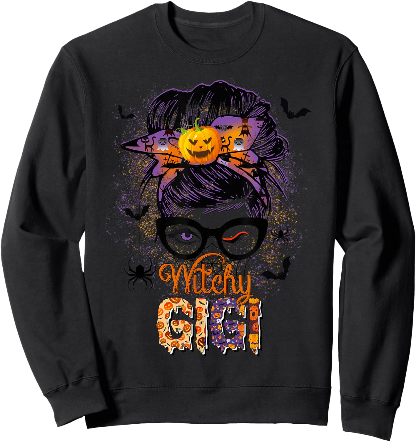 Witchy Gigi Messy Bun Spooky Witch Pumpkin Halloween Sweatshirt - Sweatshirt | Black