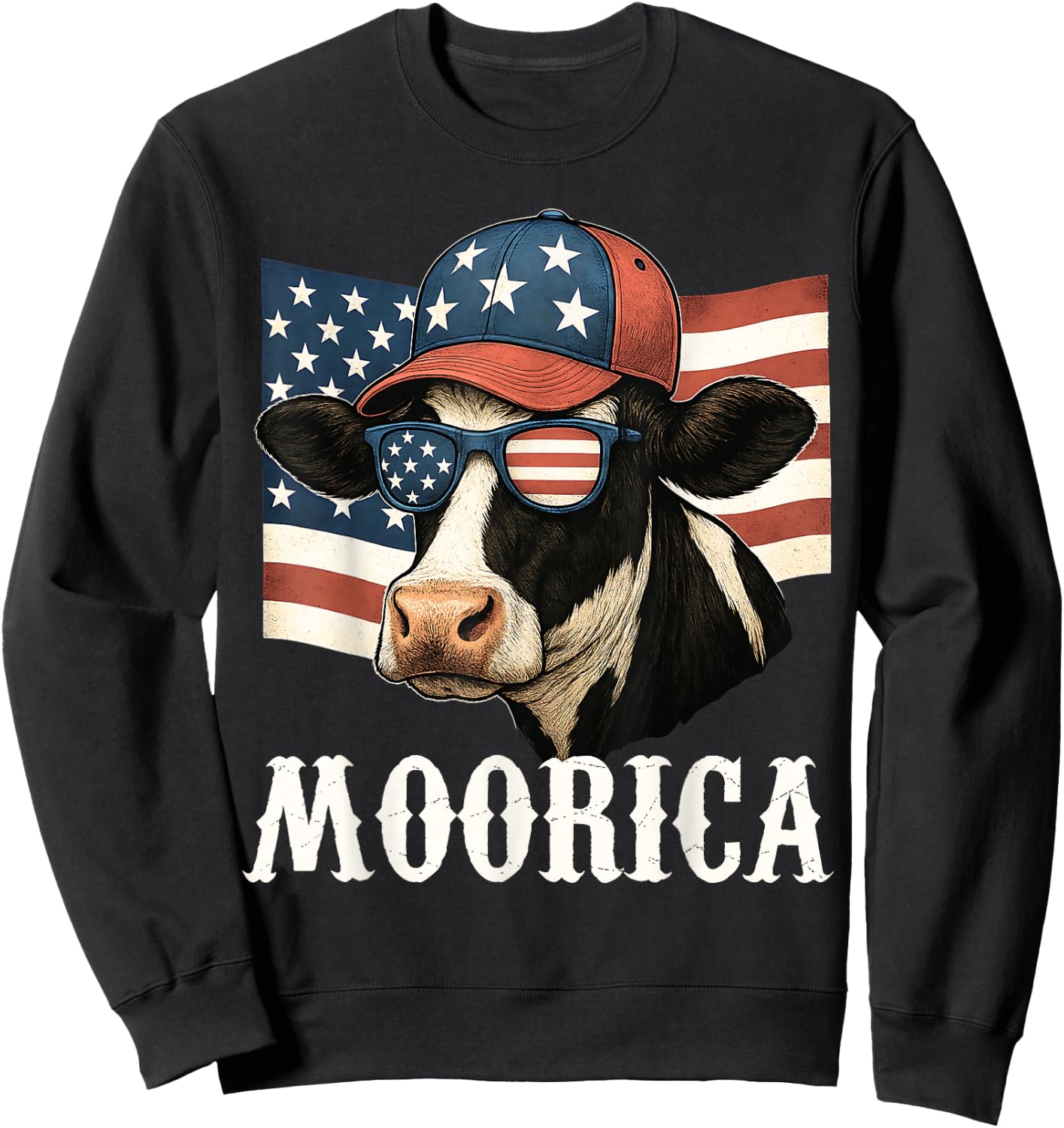 Funny Moorica 4th Of July Patriotic Cow USA Flag Farmer Sweatshirt - Sweatshirt | Black