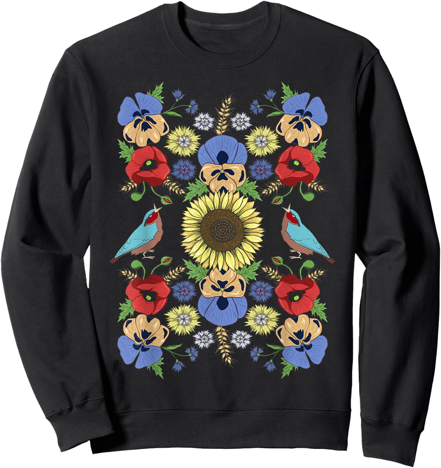 Ukraine Birds Sunflower Cute Floral Ukrainian Vyshyvanka Sweatshirt - Sweatshirt | Black
