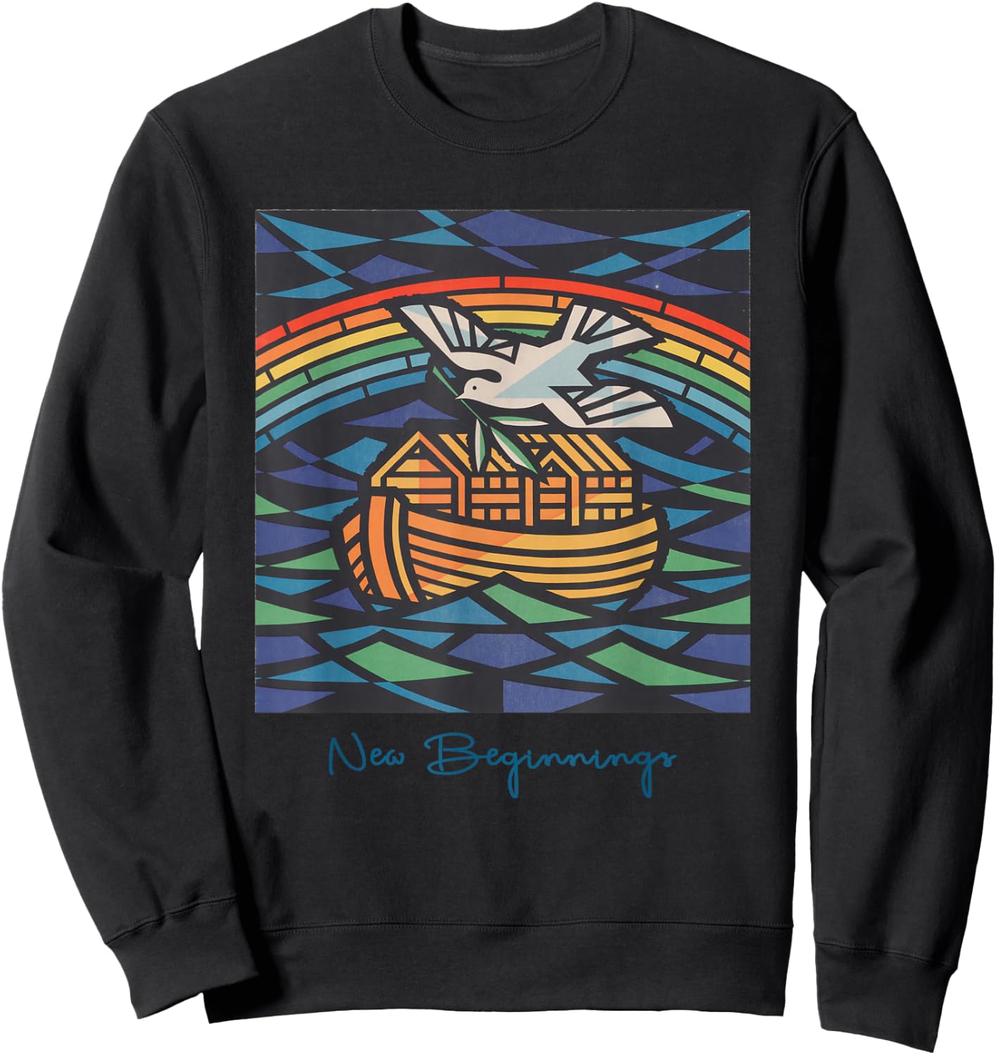 New Beginnings 1955 Noah's Ark Dove of Peace Rainbow Art Sweatshirt - Sweatshirt | Black