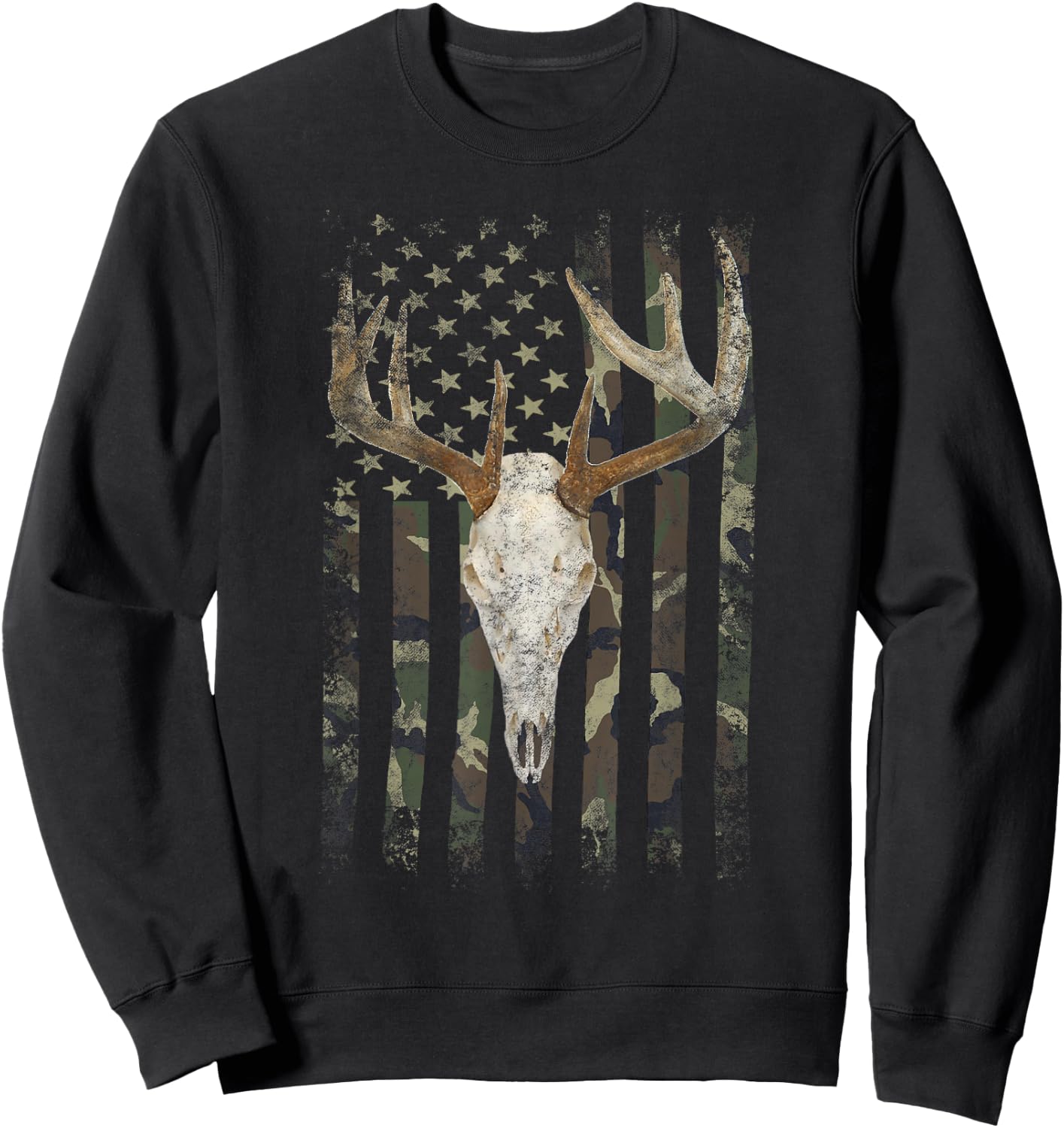 Deer Hunting Skull American Camo USA Flag Whitetail Buck Sweatshirt - Sweatshirt | Black