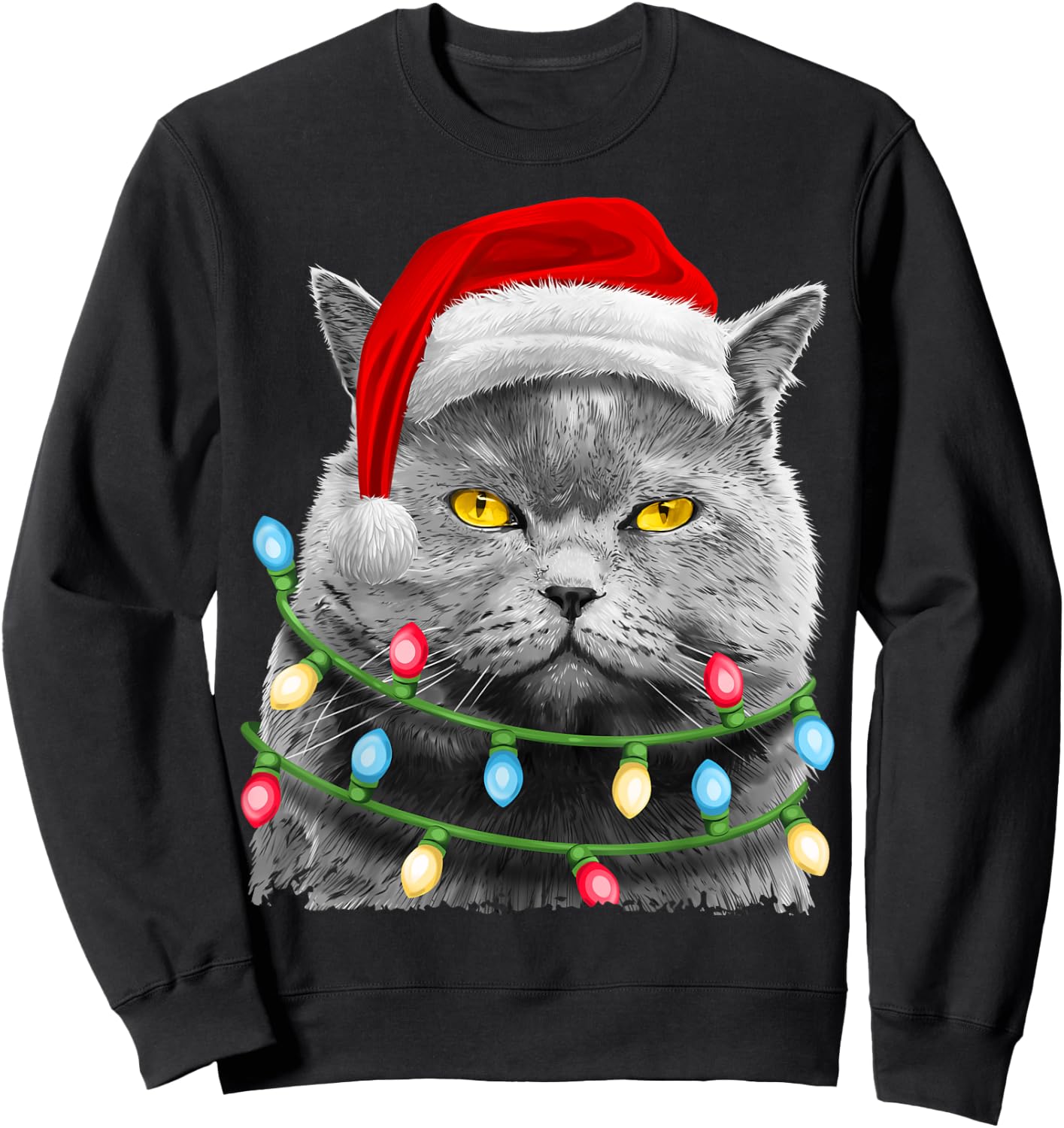 Cat Santa Christmas Tree Lights Xmas Girls Boys Meowy Catmas Sweatshirt - Sweatshirt | Black