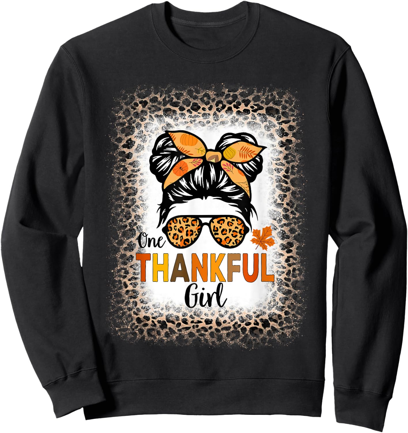 One Thankful Girl Thanksgiving Messy Bun Leopard Bleached Sweatshirt - Sweatshirt | Black