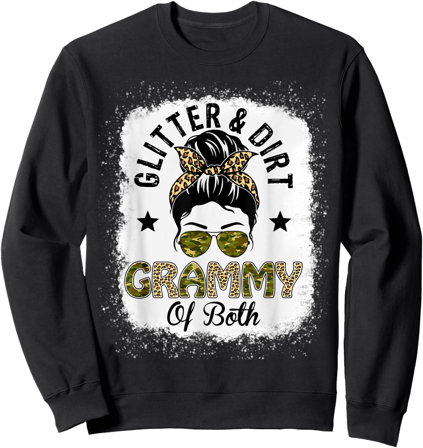 Grammy Of Both Messy Bun Leopard Camo Bleached Mother's Day Sweatshirt - Sweatshirt | Black