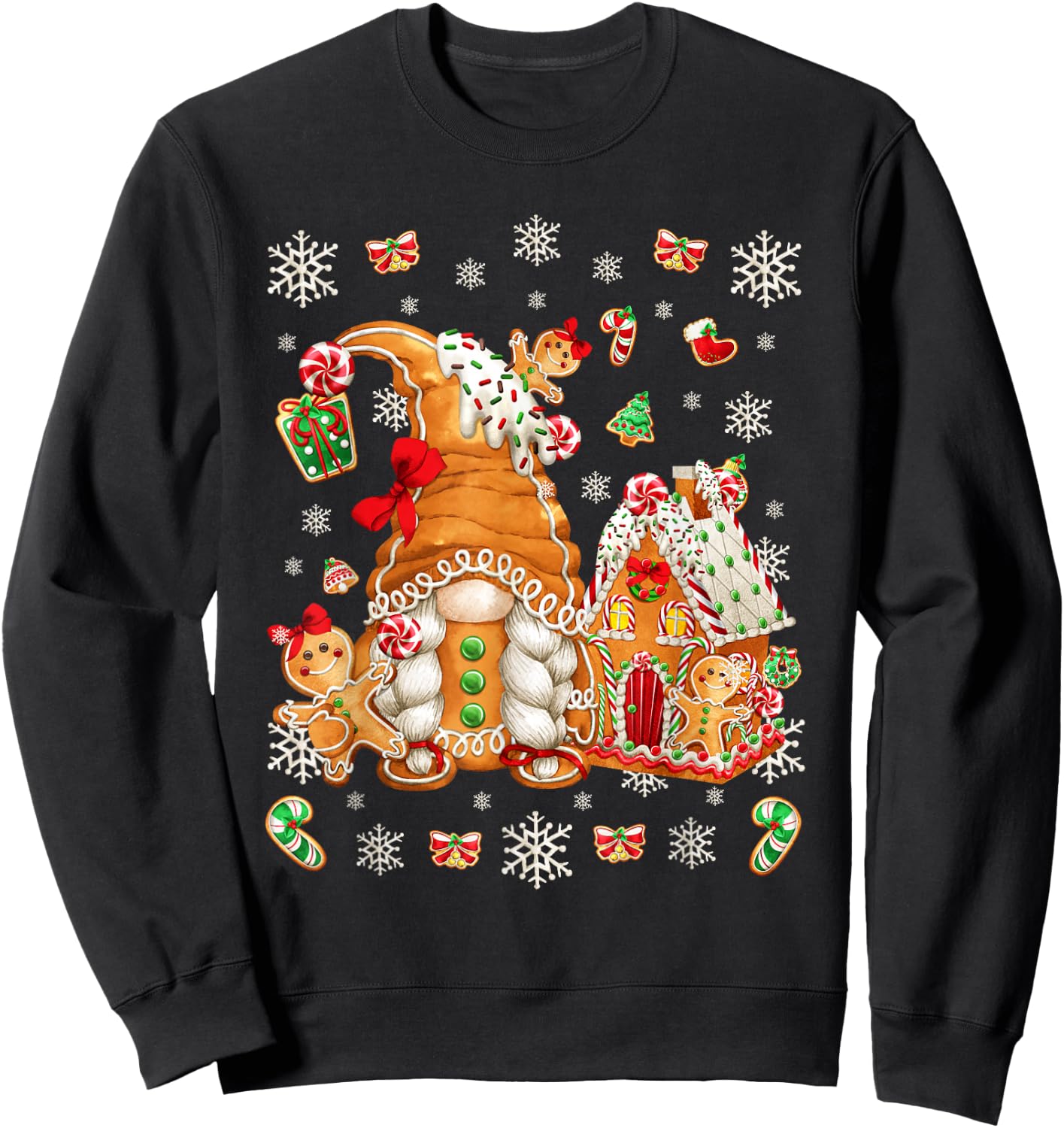 Cute Gingerbread House Decor with Christmas Gnome Sweatshirt - Sweatshirt | Black