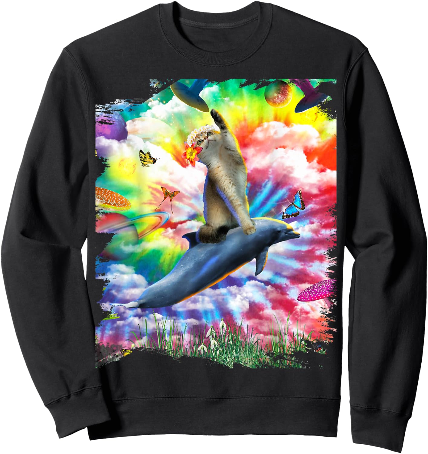 Cat Riding Dolphin Trippy Tie Dye Sweatshirt - Sweatshirt | Black