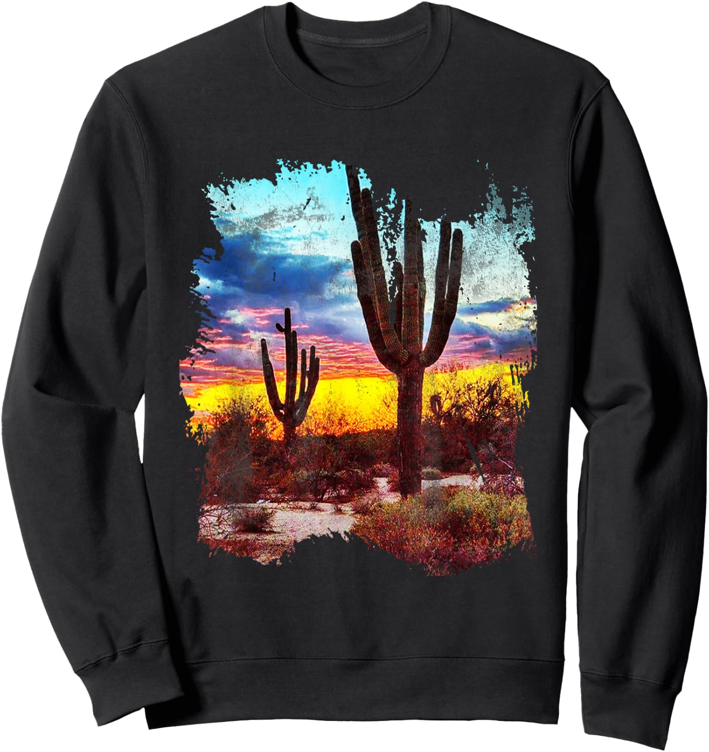 Southwest Desert Cactus Vintage Sunset Scene 80's Western Sweatshirt - Sweatshirt | Black