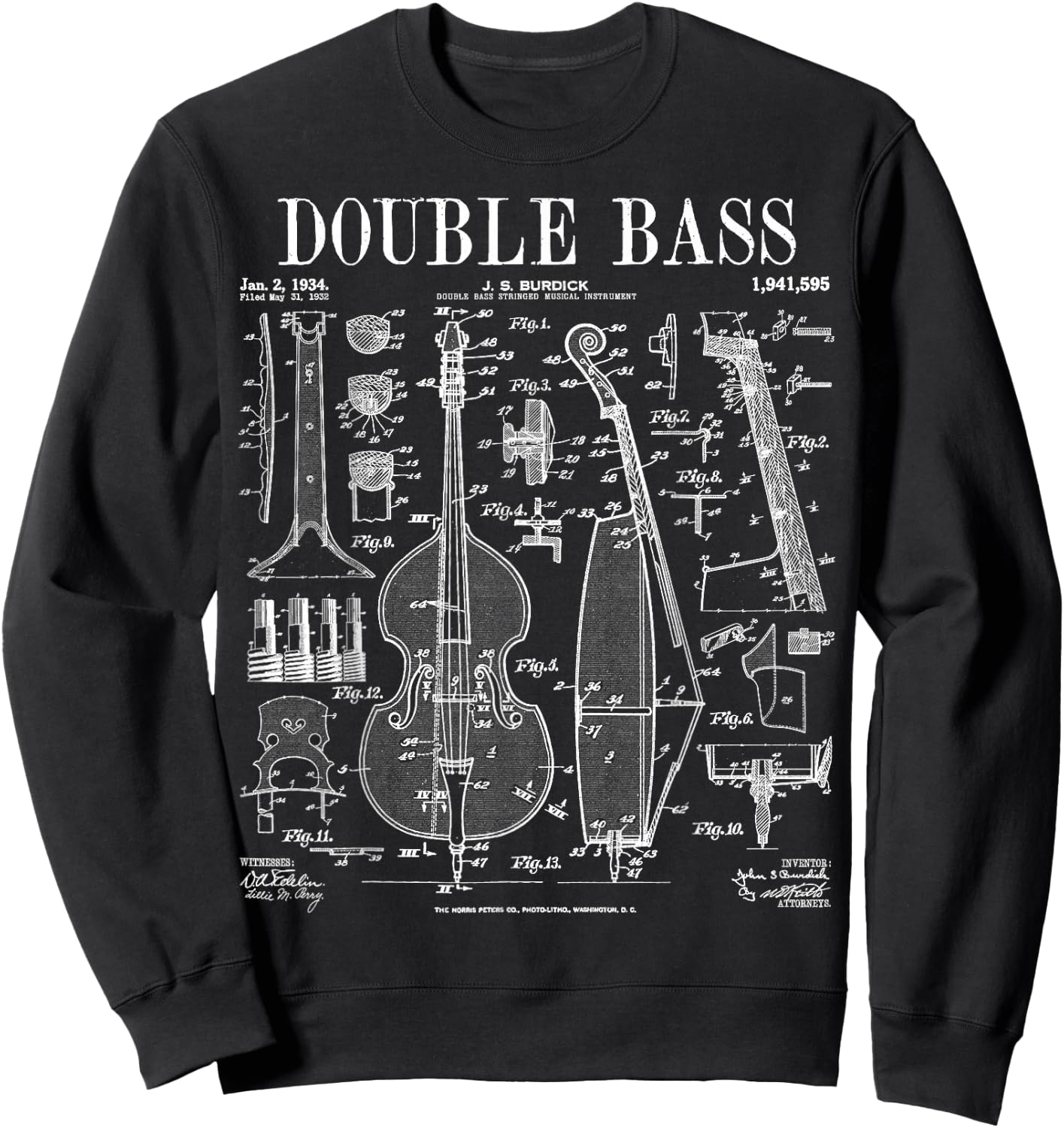 Double Bass Player Bassist Musical Instrument Vintage Patent Sweatshirt - Sweatshirt | Black