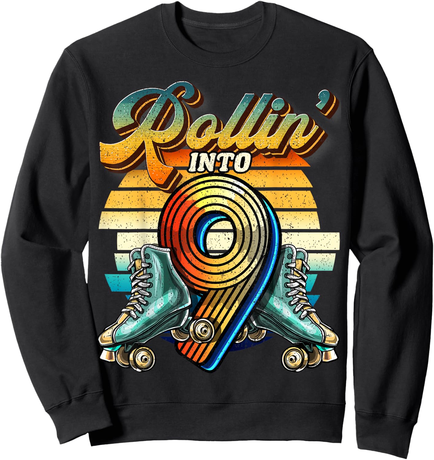 Rollin' into 9 Roller Skating Rink 9th Birthday Party Girls Sweatshirt - Sweatshirt | Black