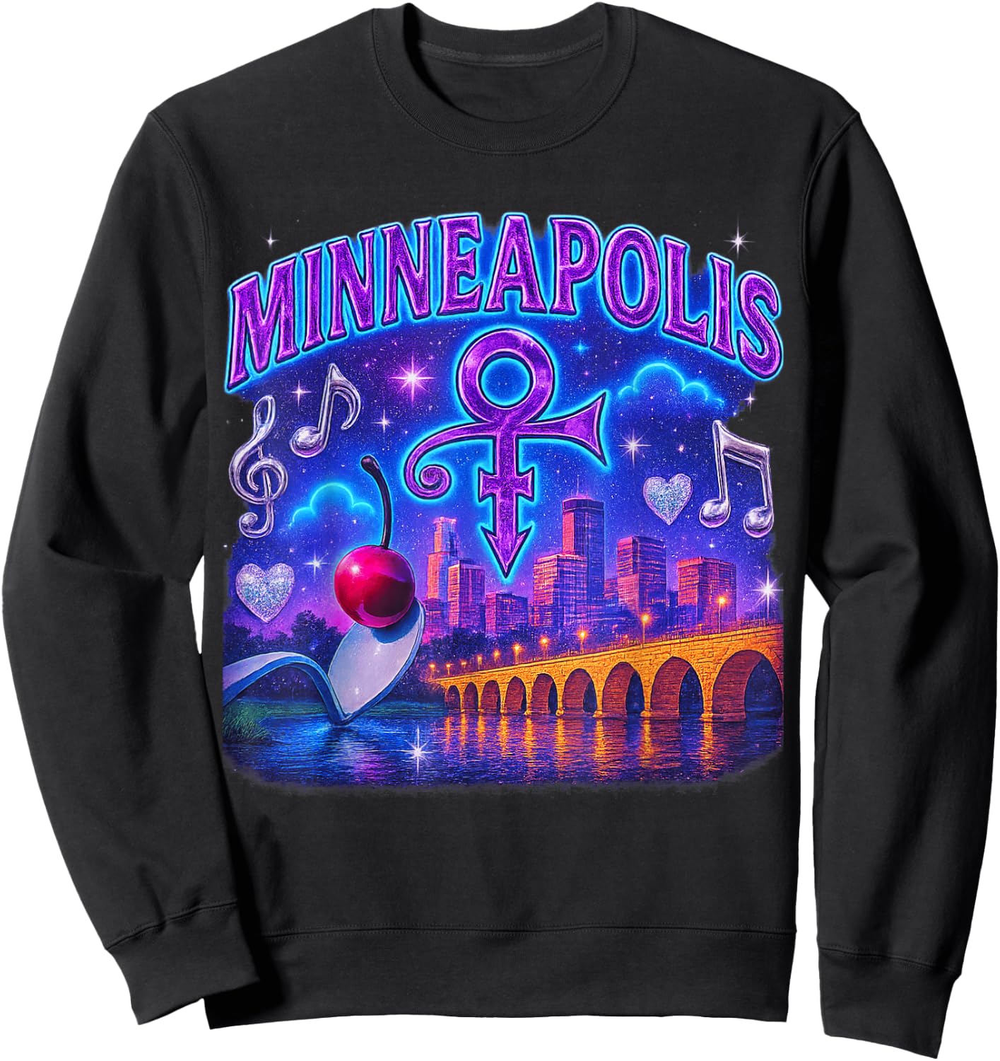 Minneapolis Retro Bootleg Skyline Spoonbridge Artwork Sweatshirt - Sweatshirt | Black