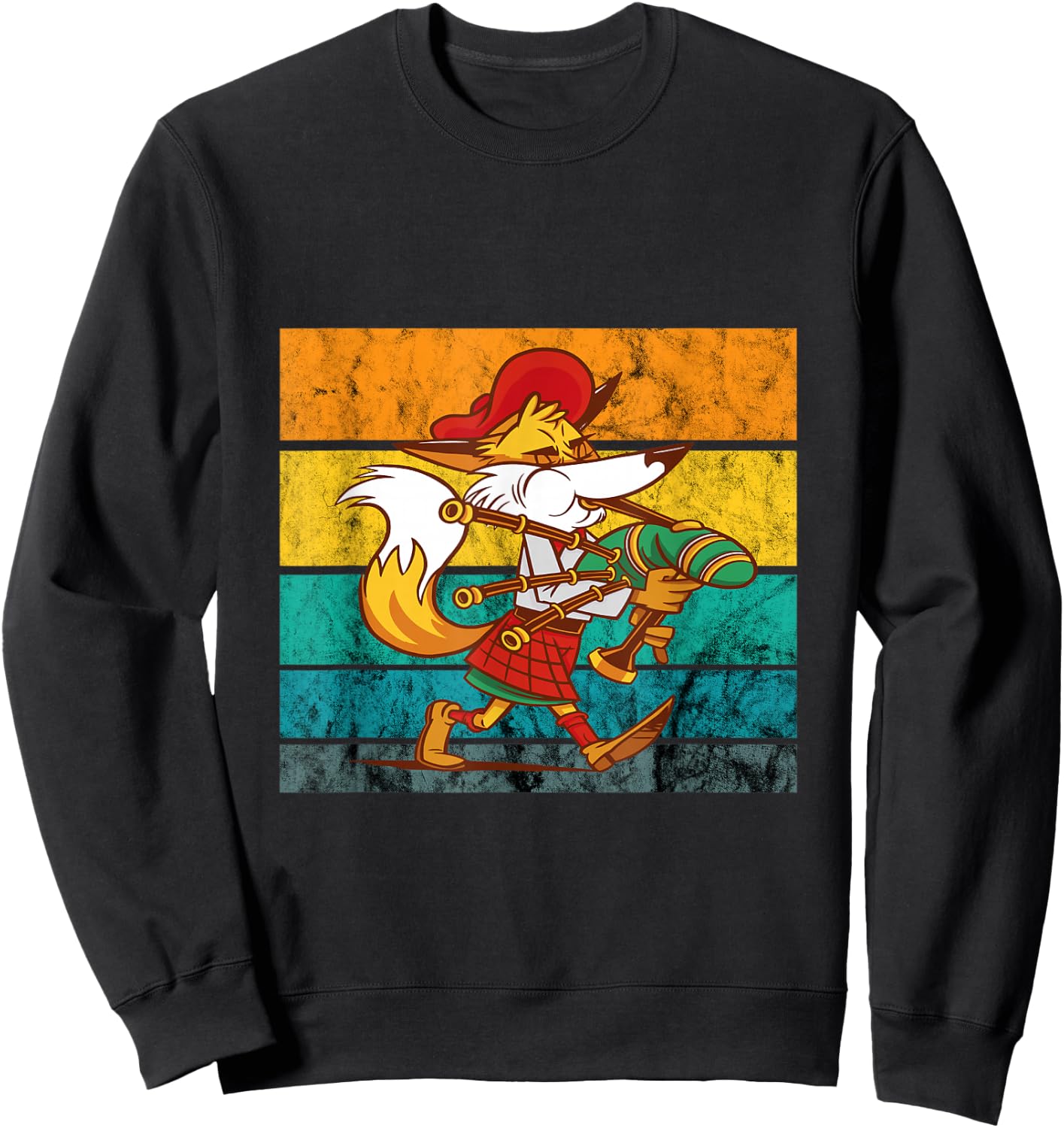 Bagpipe Retro Vintage Irish Fox Scottish Bagpipe Music Sweatshirt - Sweatshirt | Black