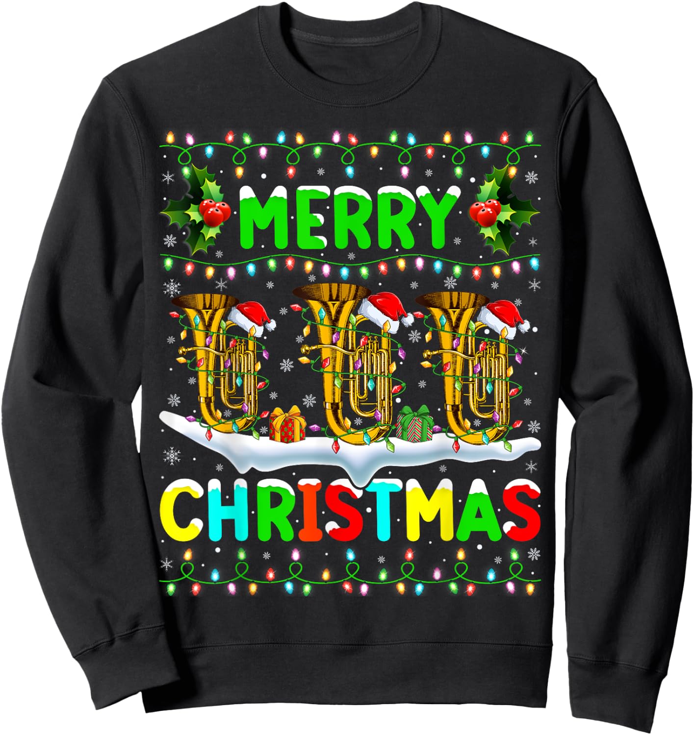 Xmas Tuba Lighting Santa Hat Merry Christmas Tuba Sweatshirt - Sweatshirt | Black
