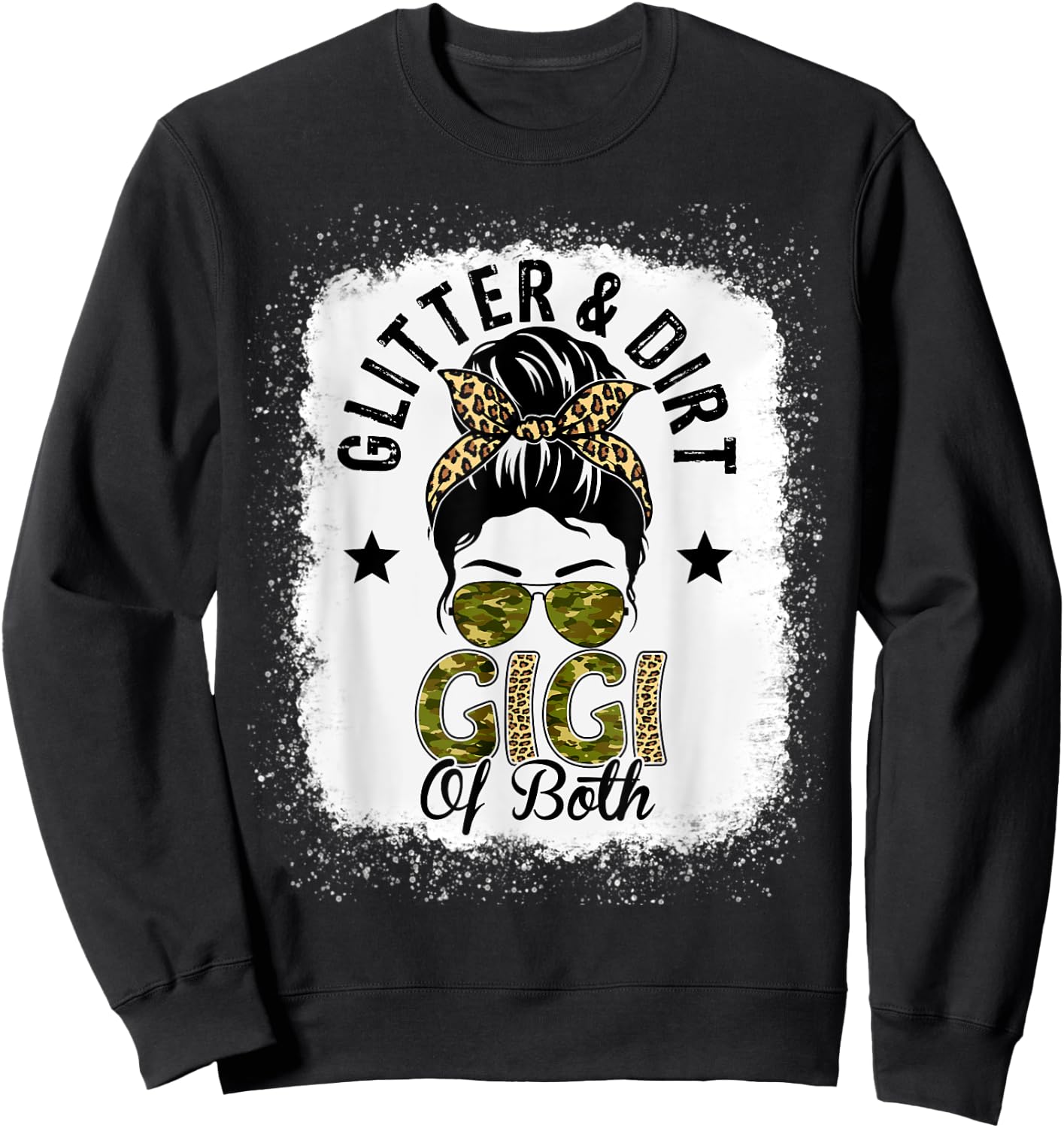 Gigi Of Both Messy Bun Leopard Camo Bleached Mother's Day Sweatshirt - Sweatshirt | Black