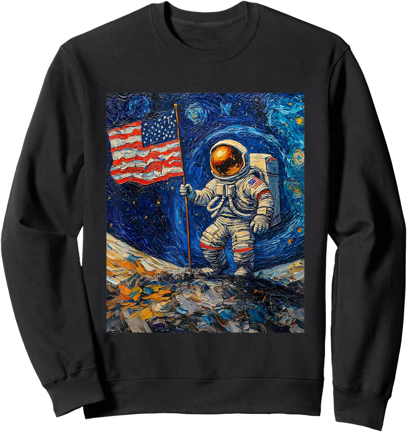Astronaut on Moon Van Gogh Style Starry Night Graphic Sweatshirt - Sweatshirt | Black