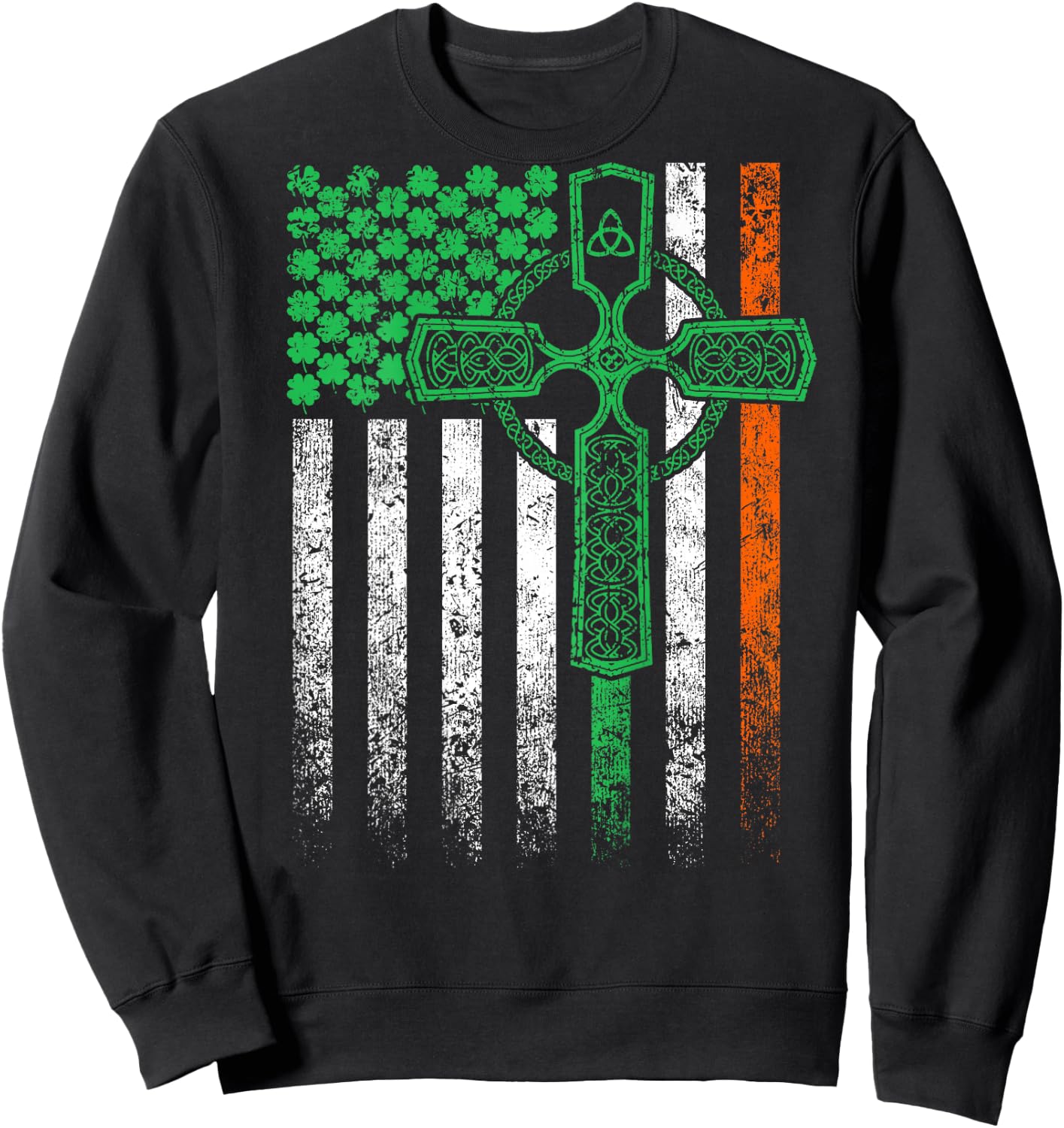 Celtic Cross Irish American Flag St. Patrick's Day on back Sweatshirt - Sweatshirt | Black