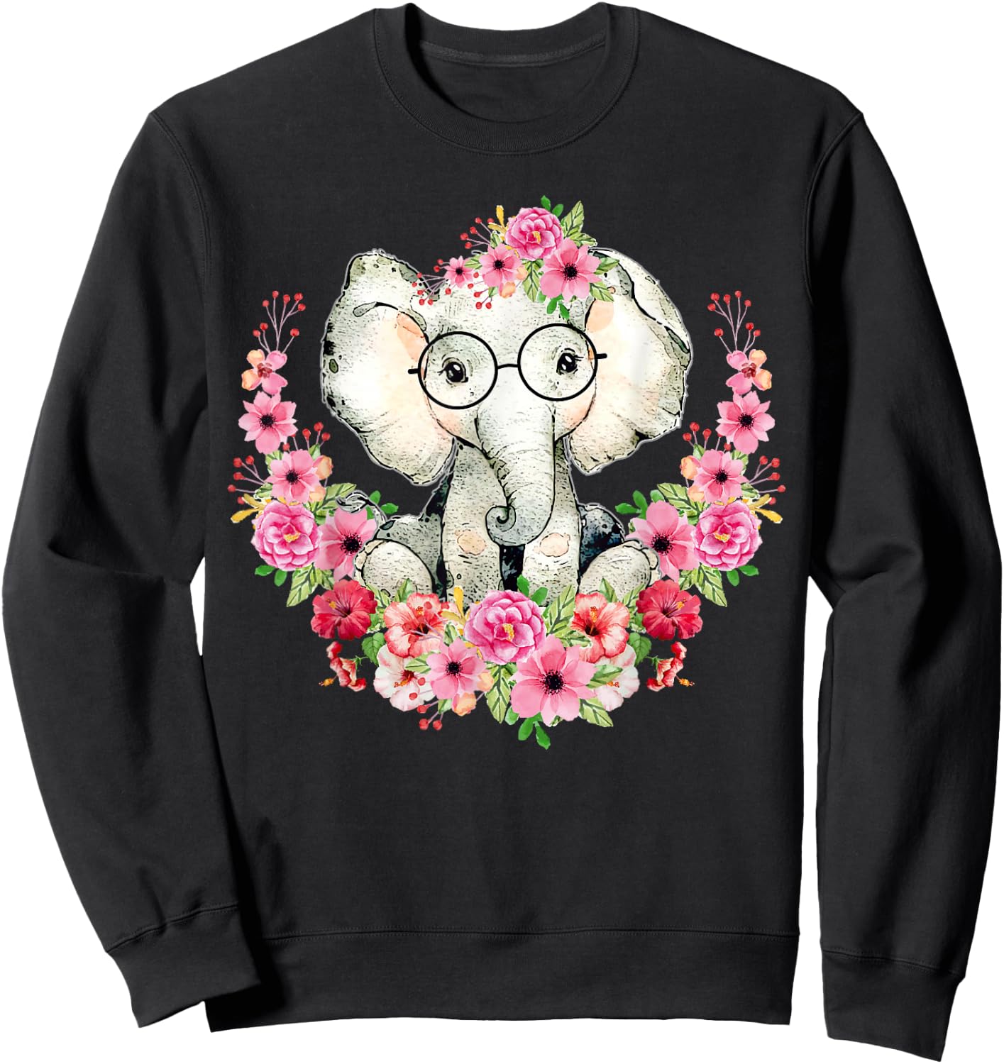 Little Elephant Cute Floral Animal Lovers Kids Girls Boys Sweatshirt - Sweatshirt | Black