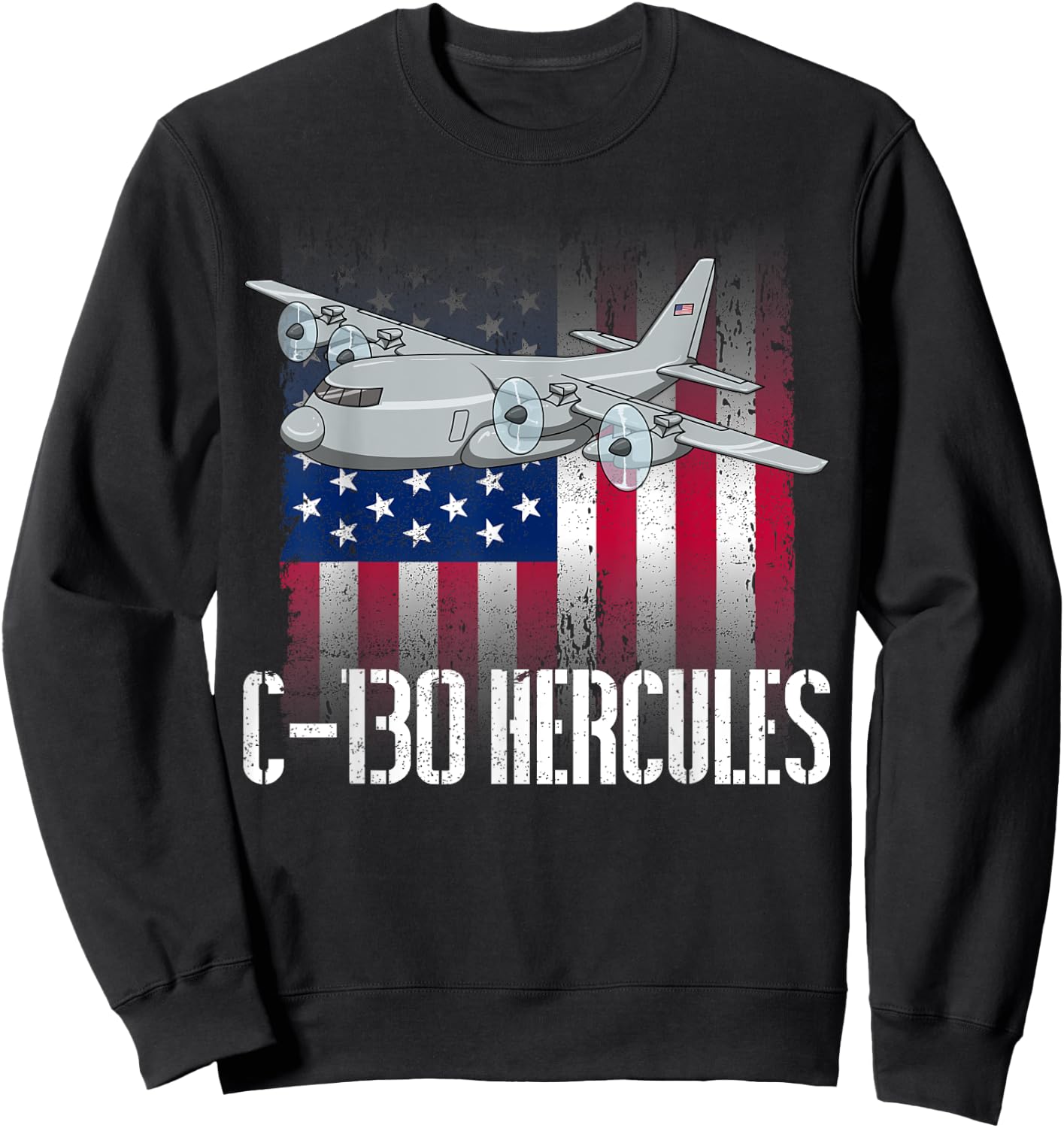 THE SALTY VETERAN C-130 Hercules American Flag Military Airplane - Black, -Adults, Small, Short Sleeve, Modern, Casual, Military, Independence Day, Memorial Day Sweatshirt - Sweatshirt | Black