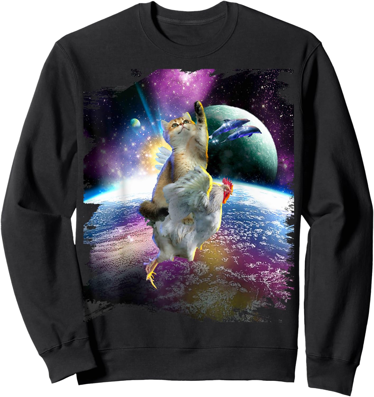 Cat Riding Chicken Space Galaxy Earth Sweatshirt - Sweatshirt | Black