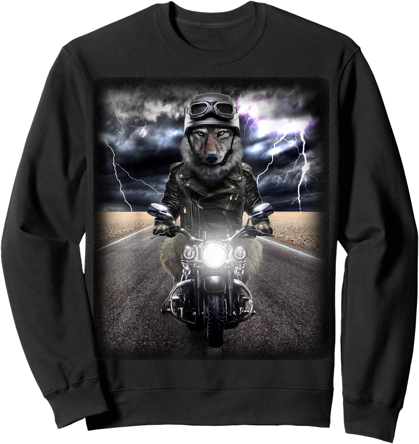 Mean Biker Wolf Cruising on Motorcycle in Highway Sweatshirt - Sweatshirt | Black