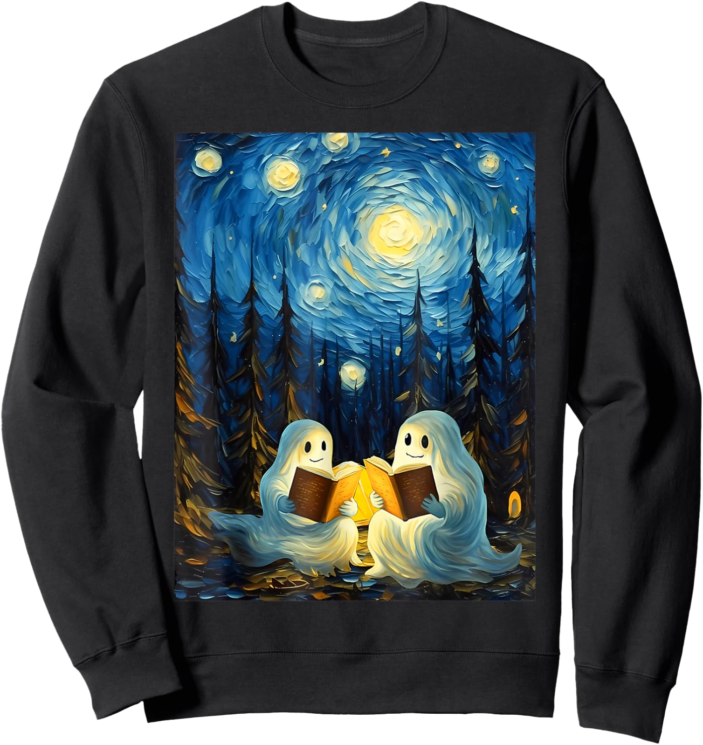 Van Gogh Starry Night Ghost Book Reading Camping Halloween Sweatshirt - Sweatshirt | Black