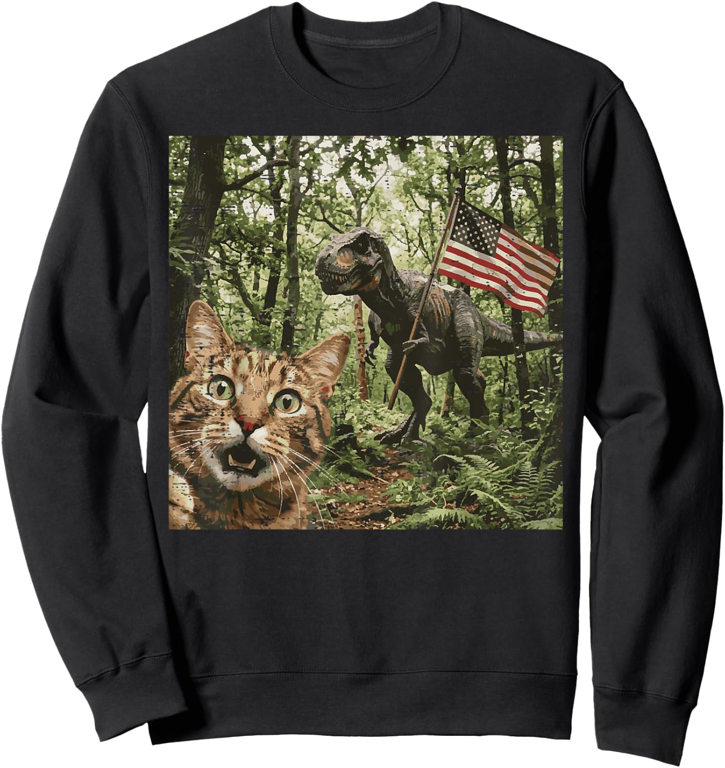 Cat Dino Trex Selfie US Flag Funny 4th of July Men Women Kid Sweatshirt - Sweatshirt | Black
