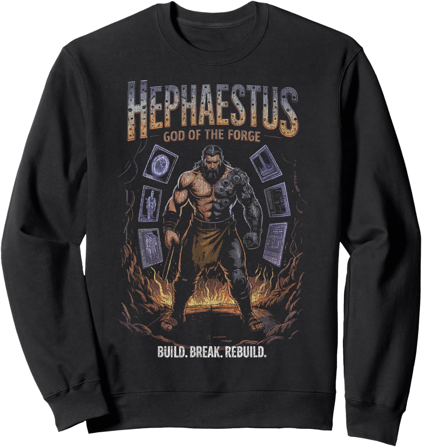 Hephaestus Cyber Arm God of the Forge Build Power Flames Sweatshirt - Sweatshirt | Black
