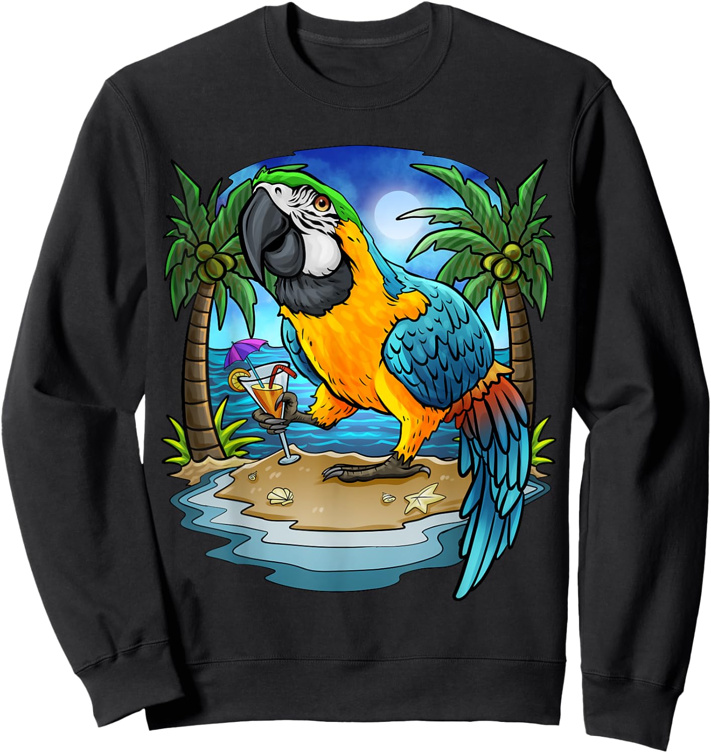 Blue and Gold Macaw Parrot Drinking Margaritas Vacation Bird Sweatshirt - Sweatshirt | Black