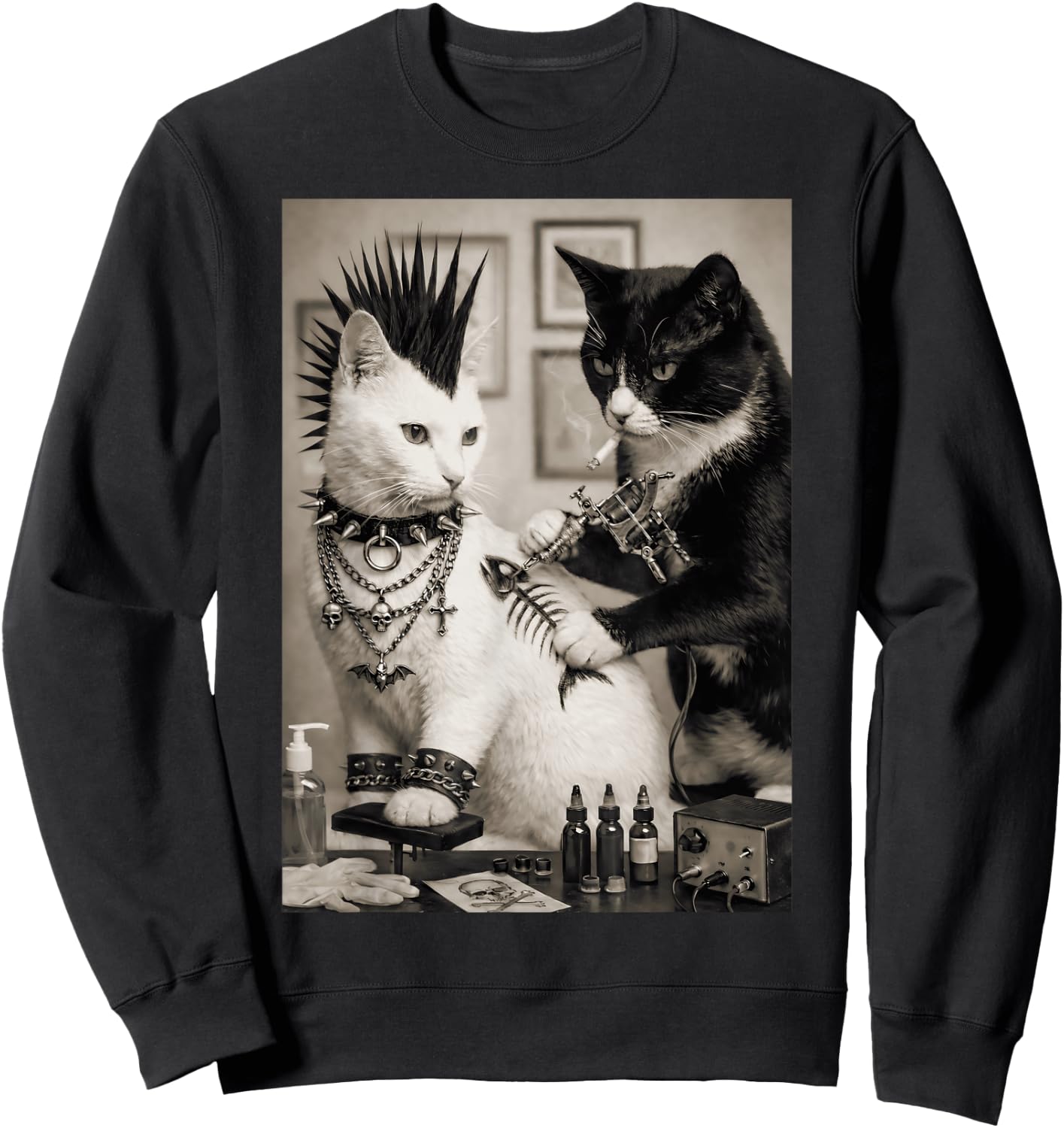 Funny Punk Tattoo Cats Rockabilly Art Meme Humor Sweatshirt - Sweatshirt | Black